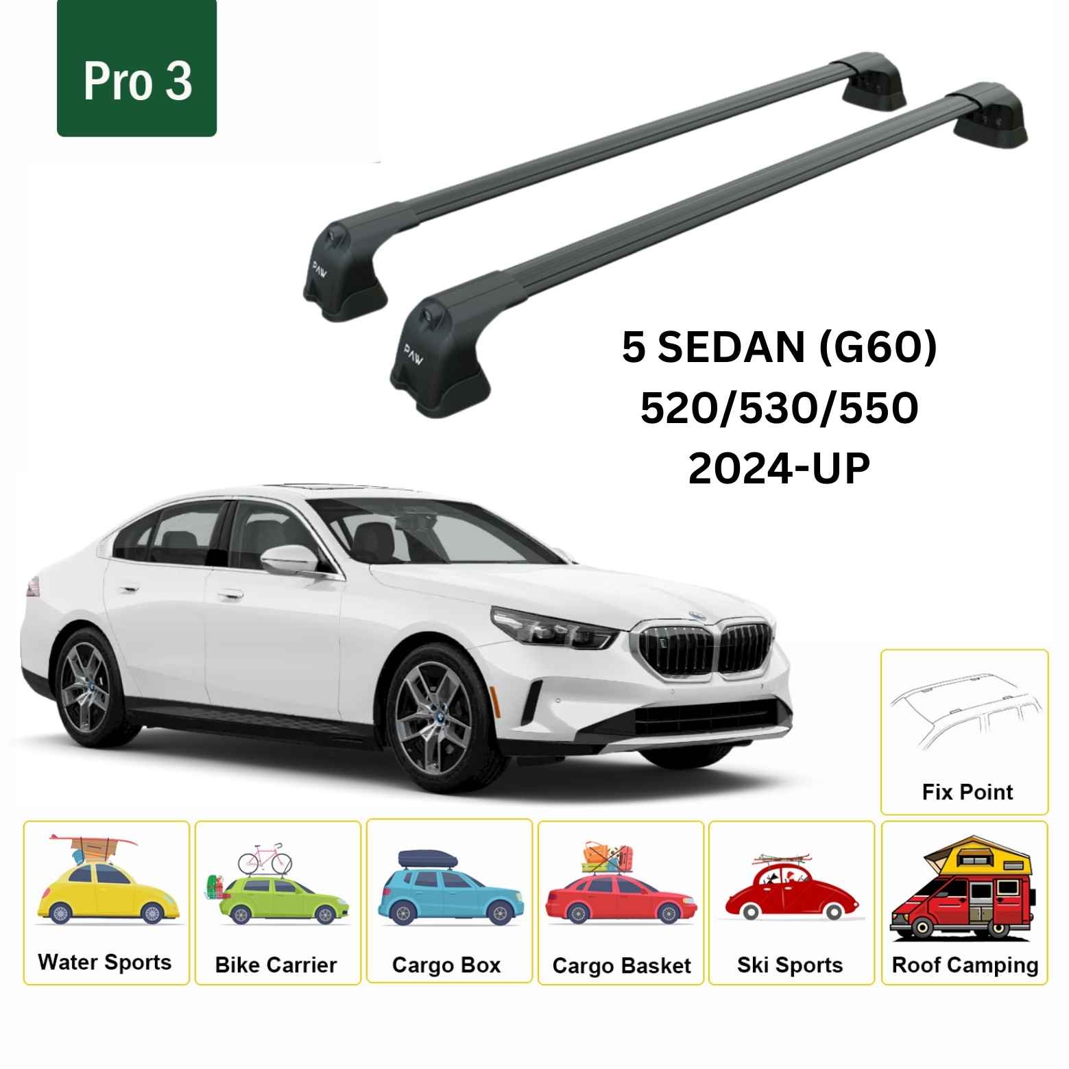 For BMW 5 Sedan (G60) 2024-Up Roof Rack Cross Bars Fix Point Alu Black