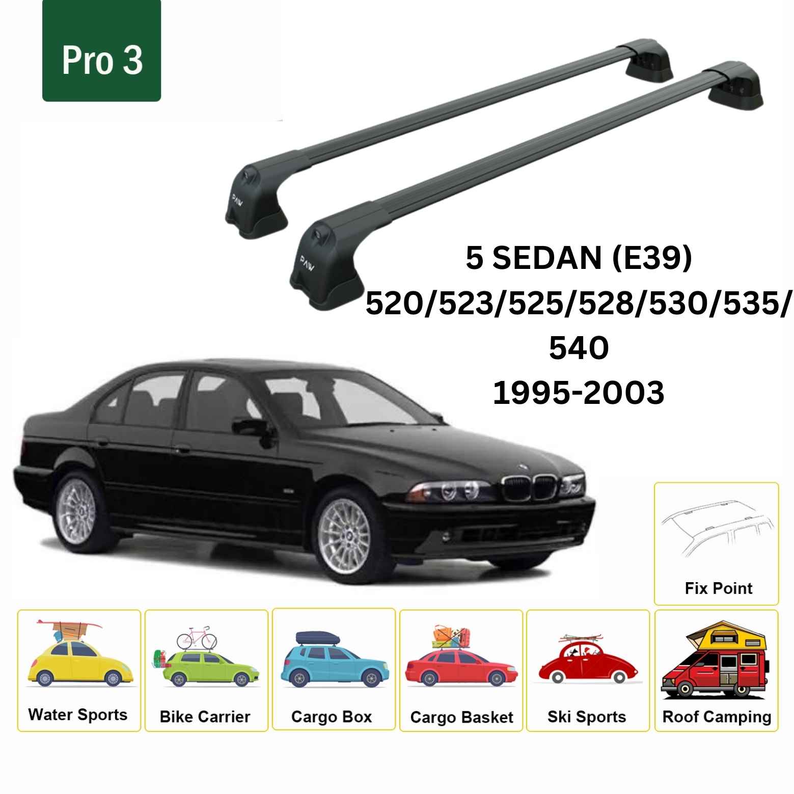 For BMW 5 Sedan (E39) 1995-03 Roof Rack Cross Bars Fix Point Alu Black