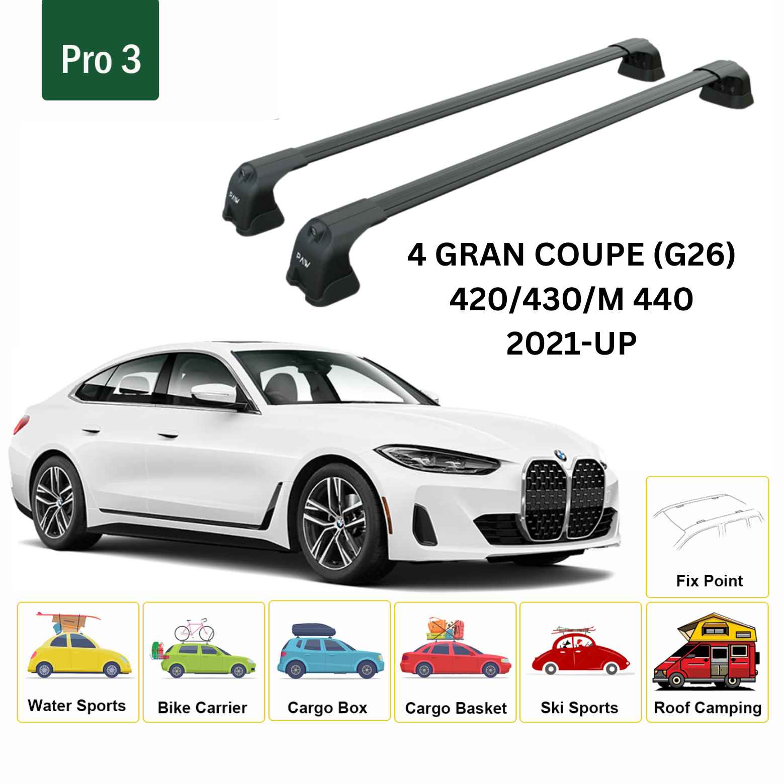 For BMW 4 Gran Coupe (G26) 2021-Up Roof Rack Cross Bars Fix Point Alu Black - 0
