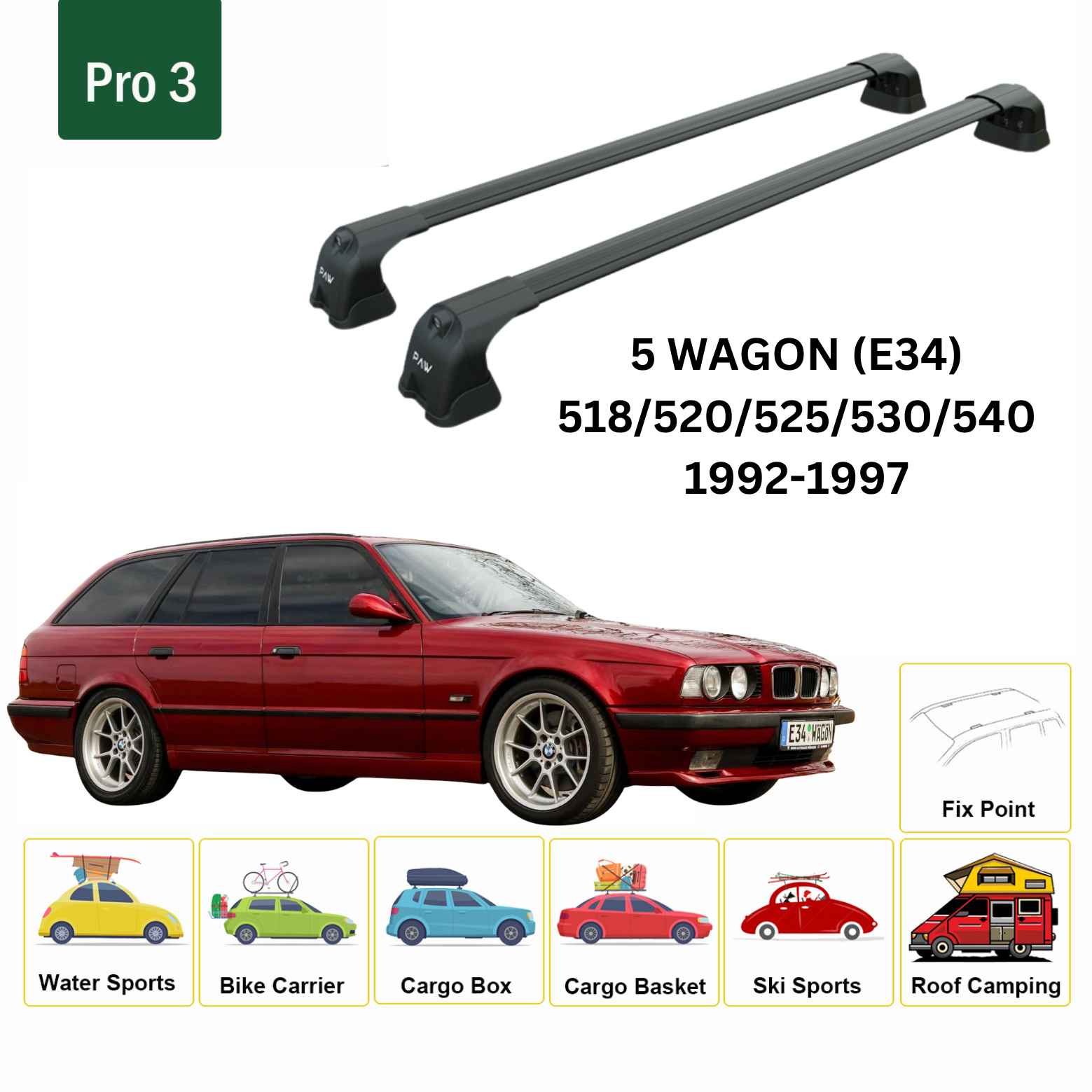 For Bmw 5 Wagon (E34) 1992-97 Roof Rack Cross Bars Fix Point Alu Black - 0
