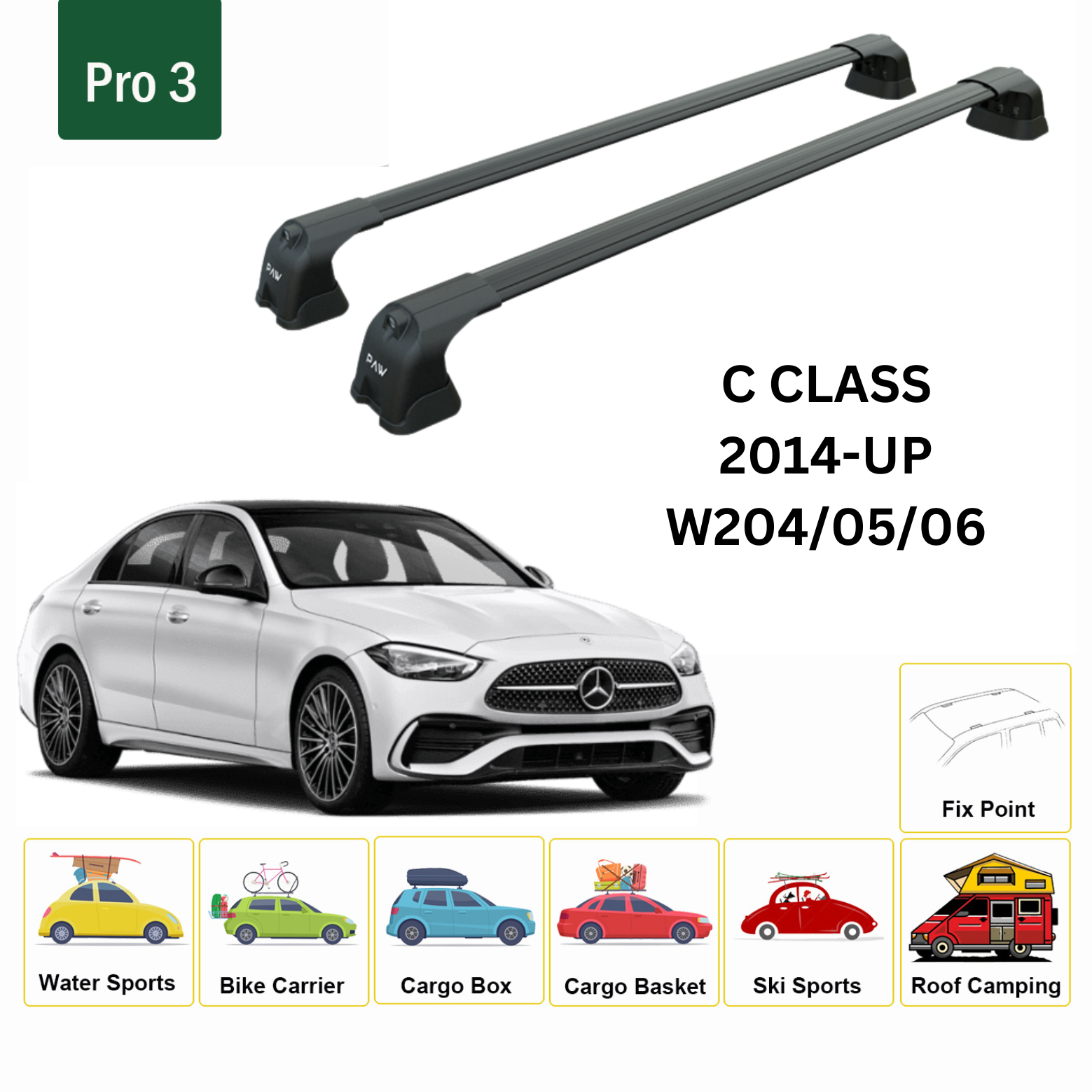 For Mercedes Benz C W204/05 2014-22 Roof Rack Cross Bars Fix Point Alu Black - 0