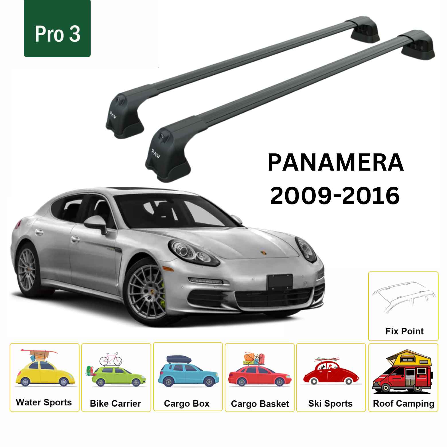 For Porsche Panamera 2009-16 Roof Rack Cross Bars Fix Point Alu Black