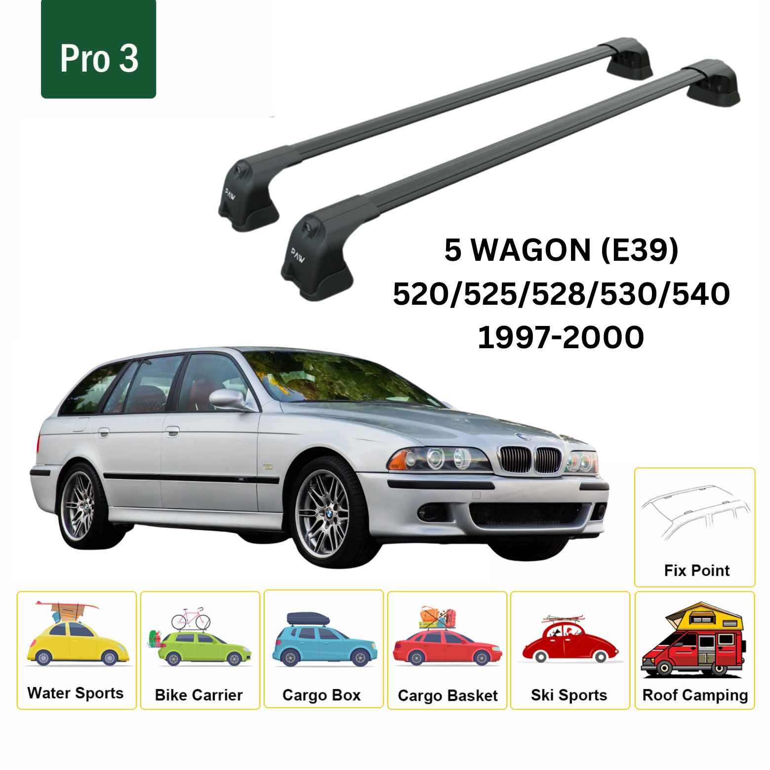 For Bmw 5 Wagon (E39) 1997-00 Roof Rack Cross Bars Fix Point Alu Black - 0