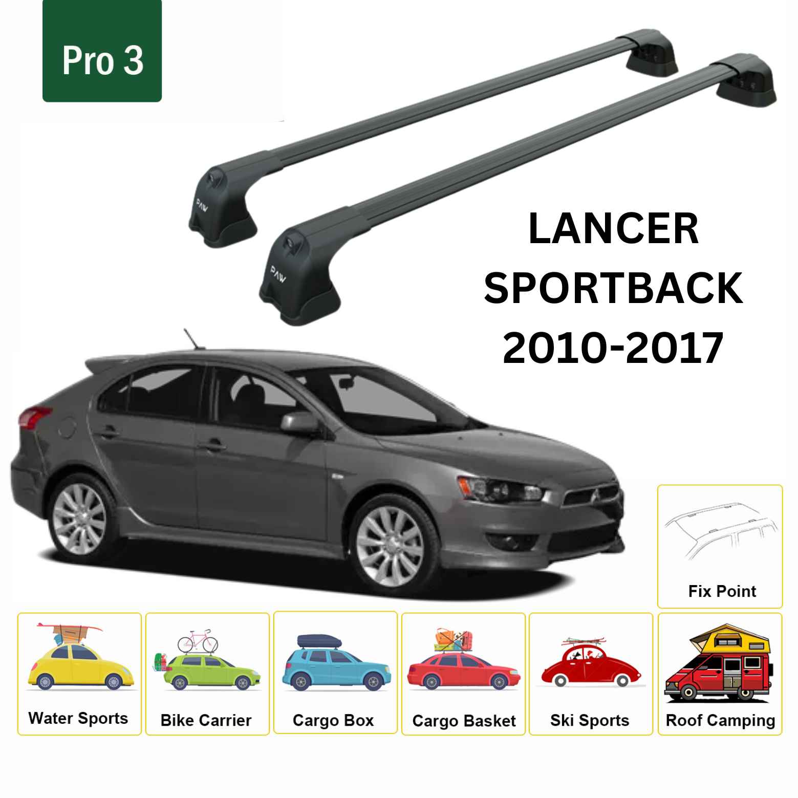 For Mitsubishi Lancer Sportback 2010-2017 Roof Rack Cross Bars Fix Point Alu Black
