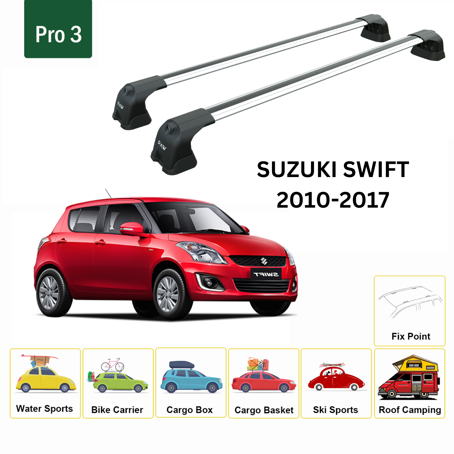 For Suzuki Swift 2010-17 Roof Rack Cross Bars Metal Bracket Fix Point Alu Silver - 0