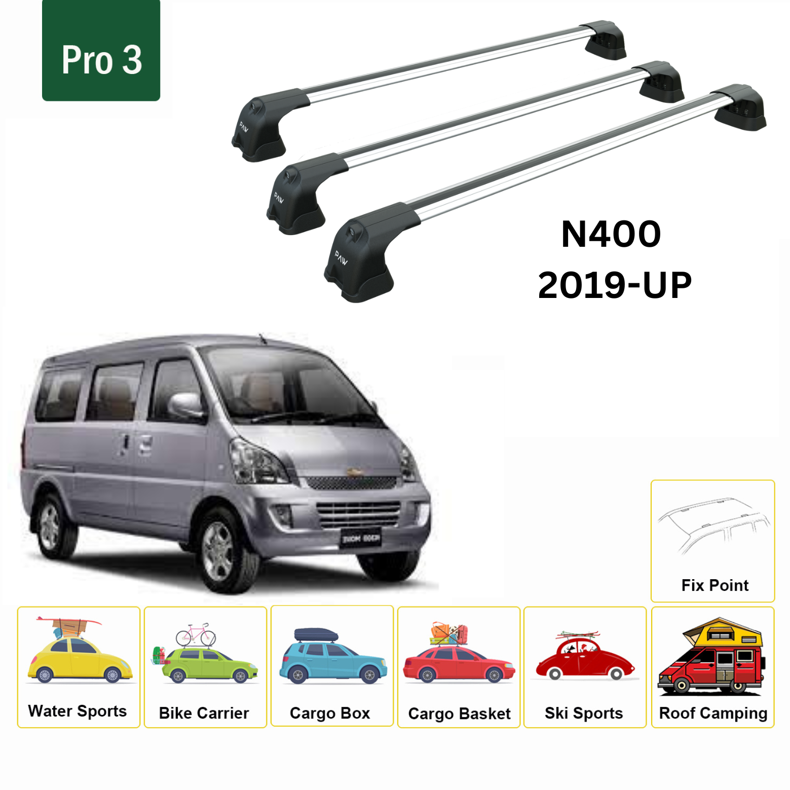 For Chevrolet N300 2012-Up Roof Rack Cross Bars Metal Bracket Fix Point 3 Qty. Alu Silver - 0