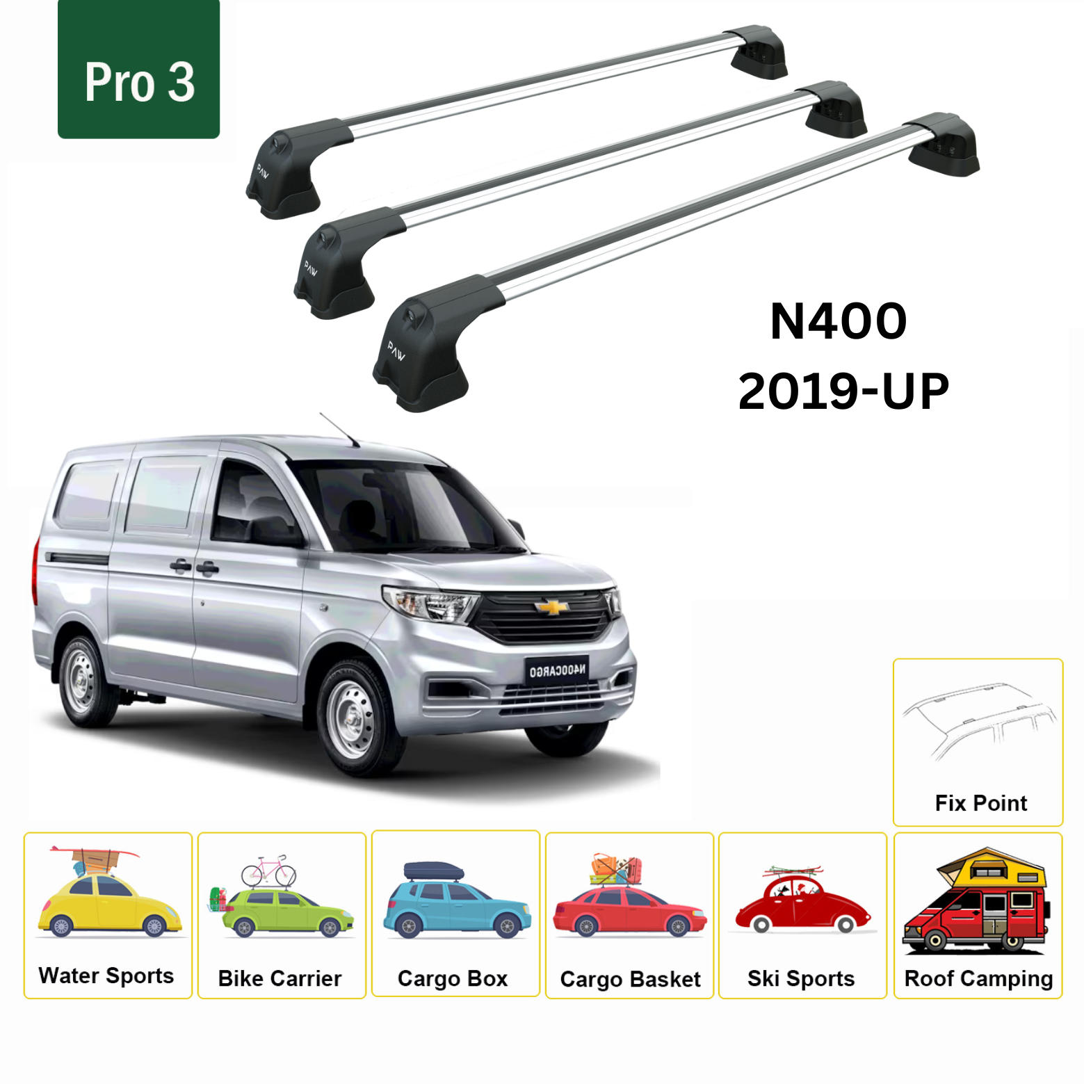 For Chevrolet N400 2019-Up Roof Rack Cross Bars Metal Bracket Fix Point 3 Qty. Alu Silver