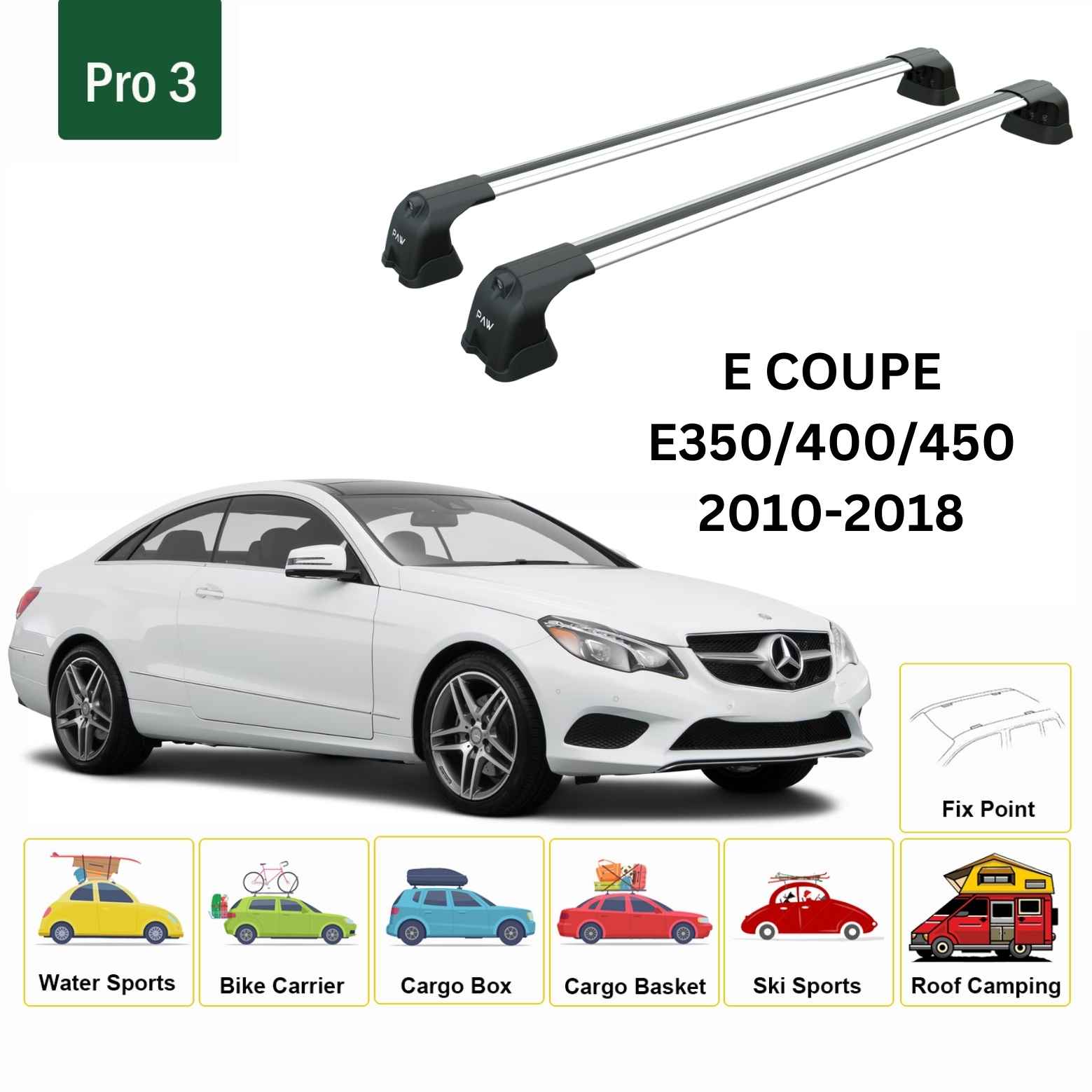 For Mercedes Benz E Coupe C207 2010-18 Roof Rack Cross Bars Fix Point Alu Silver