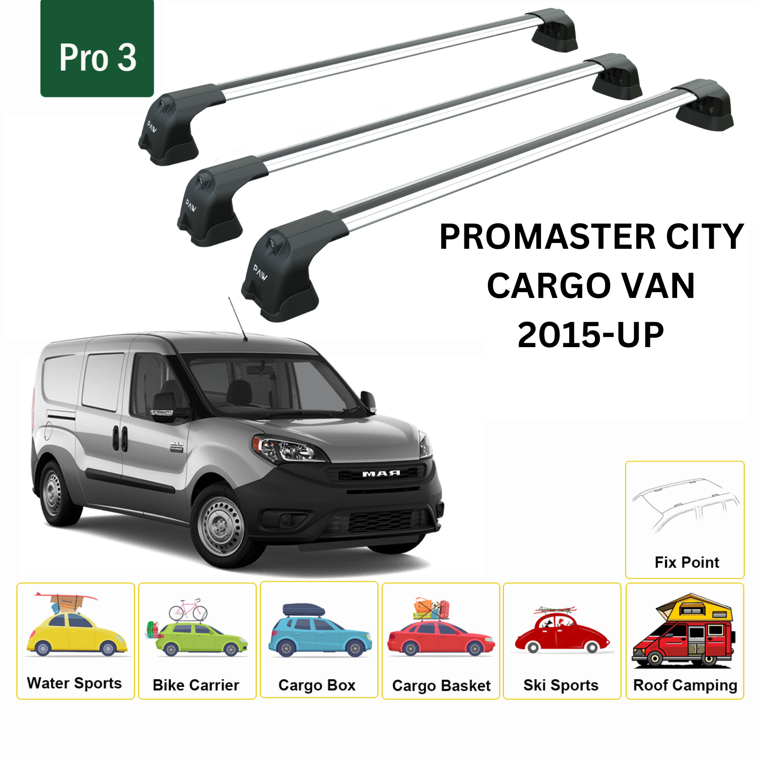For Ram ProMaster City 2015-Up Roof Rack Cross Bars Metal Bracket 3 Fix Point Alu Silver