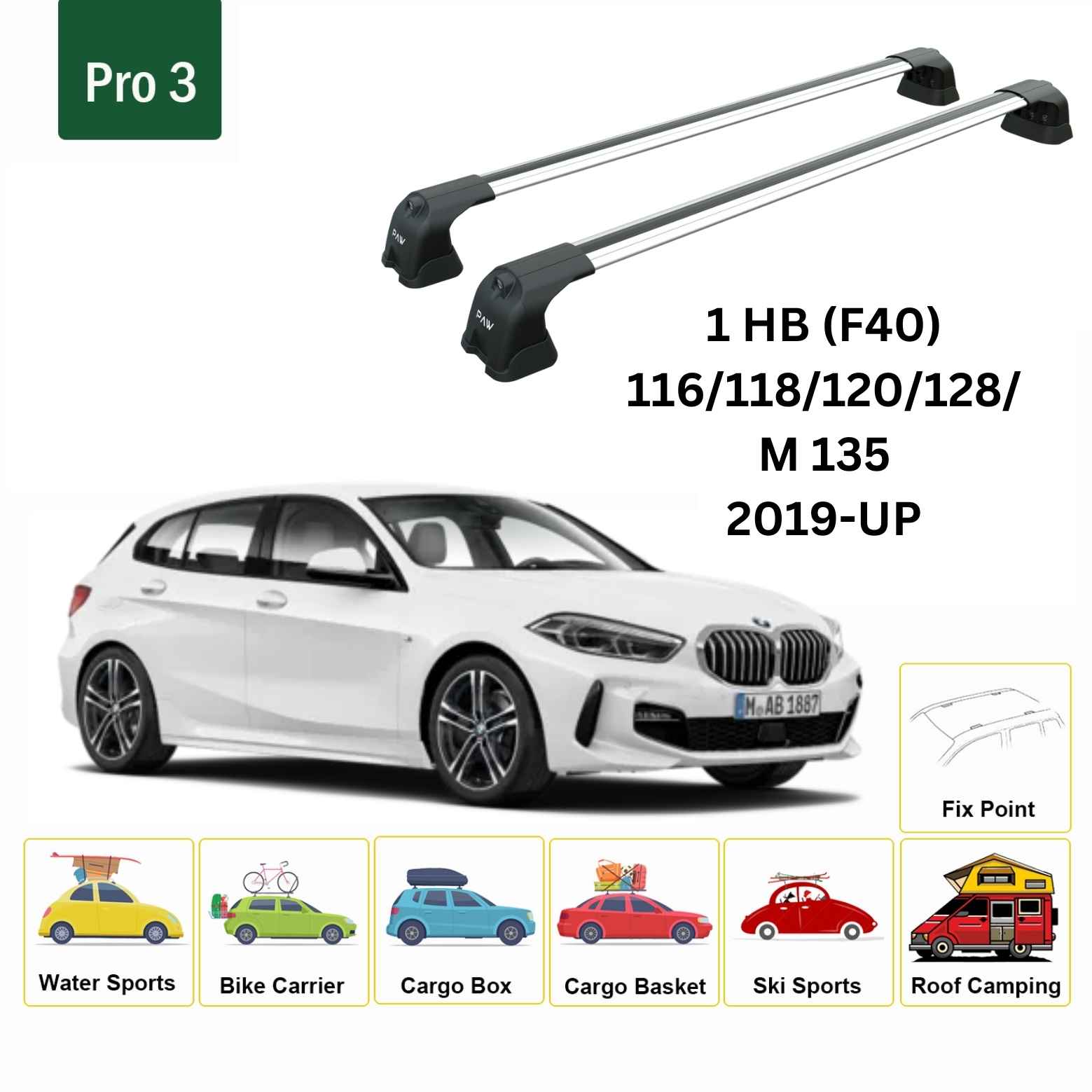 For BMW 1 (F40) 2019-Up Roof Rack Cross Bars Fix Point Alu Silver-2