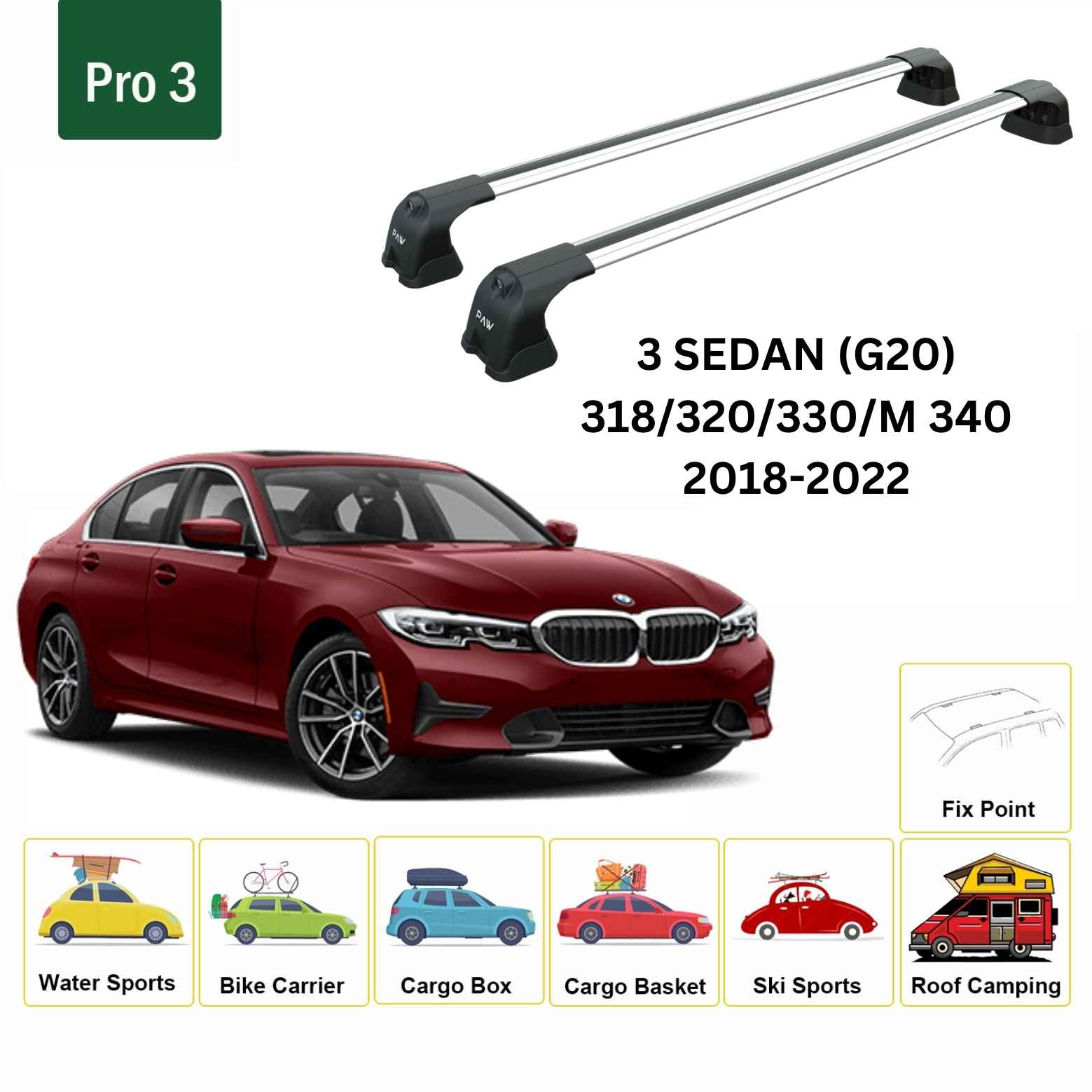 For BMW 3 Sedan G20 2018-22 Roof Rack Cross Bars Fix Point Alu Silver - 0