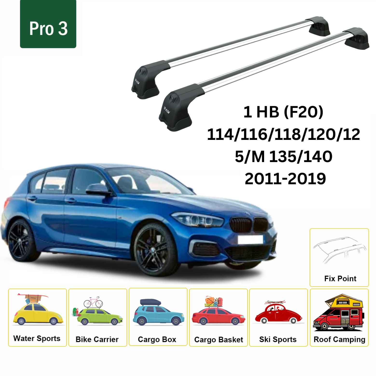 For BMW 1 (F20) 2011-19 Roof Rack Cross Bars Fix Point Alu Silver - 0
