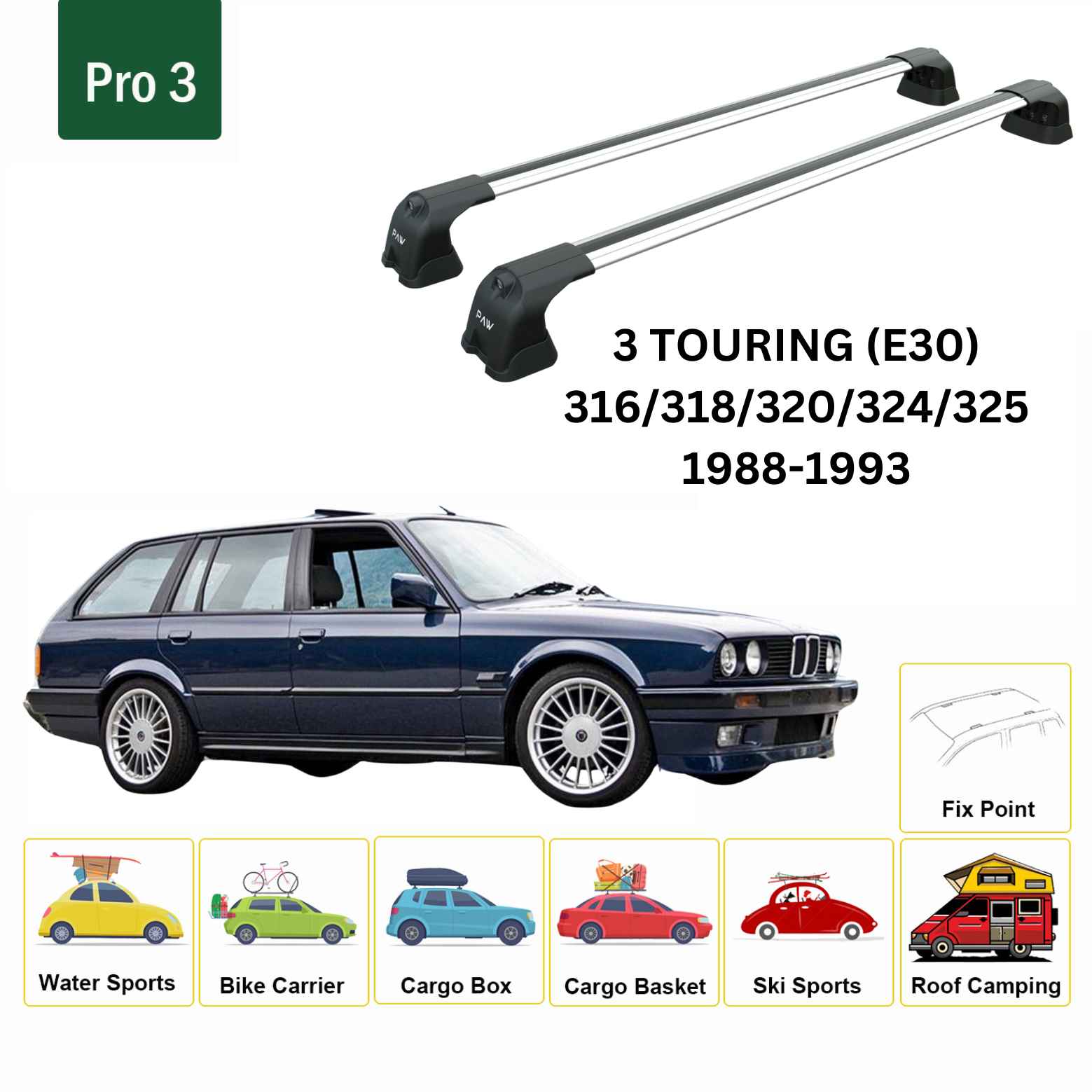 For Bmw 3 Touring (E30) 1988-93 Roof Rack Cross Bars Fix Point Alu Silver - 0