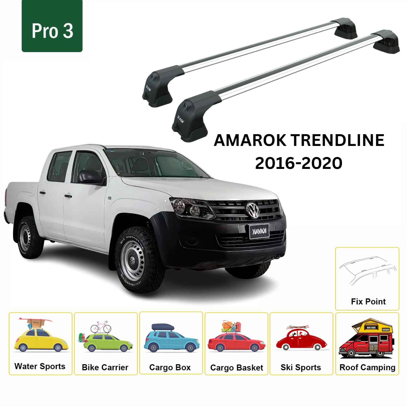 For Volkswagen Amarok Trendline 2016-20 Roof Rack Cross Bar Fix Point Alu Silver