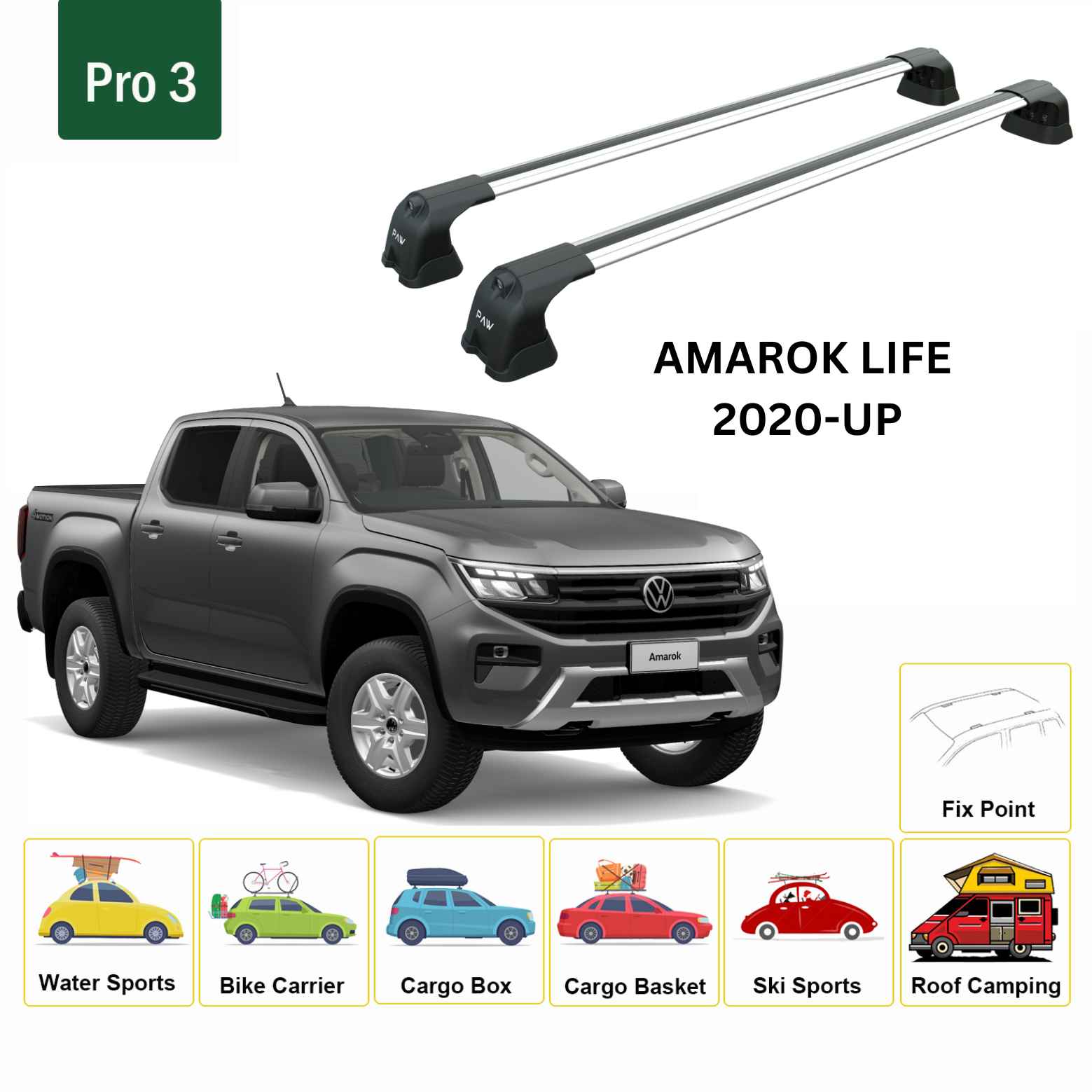 For Volkswagen Amarok Life 2020-Up Roof Rack Cross Bar Fix Point Alu Silver - 0