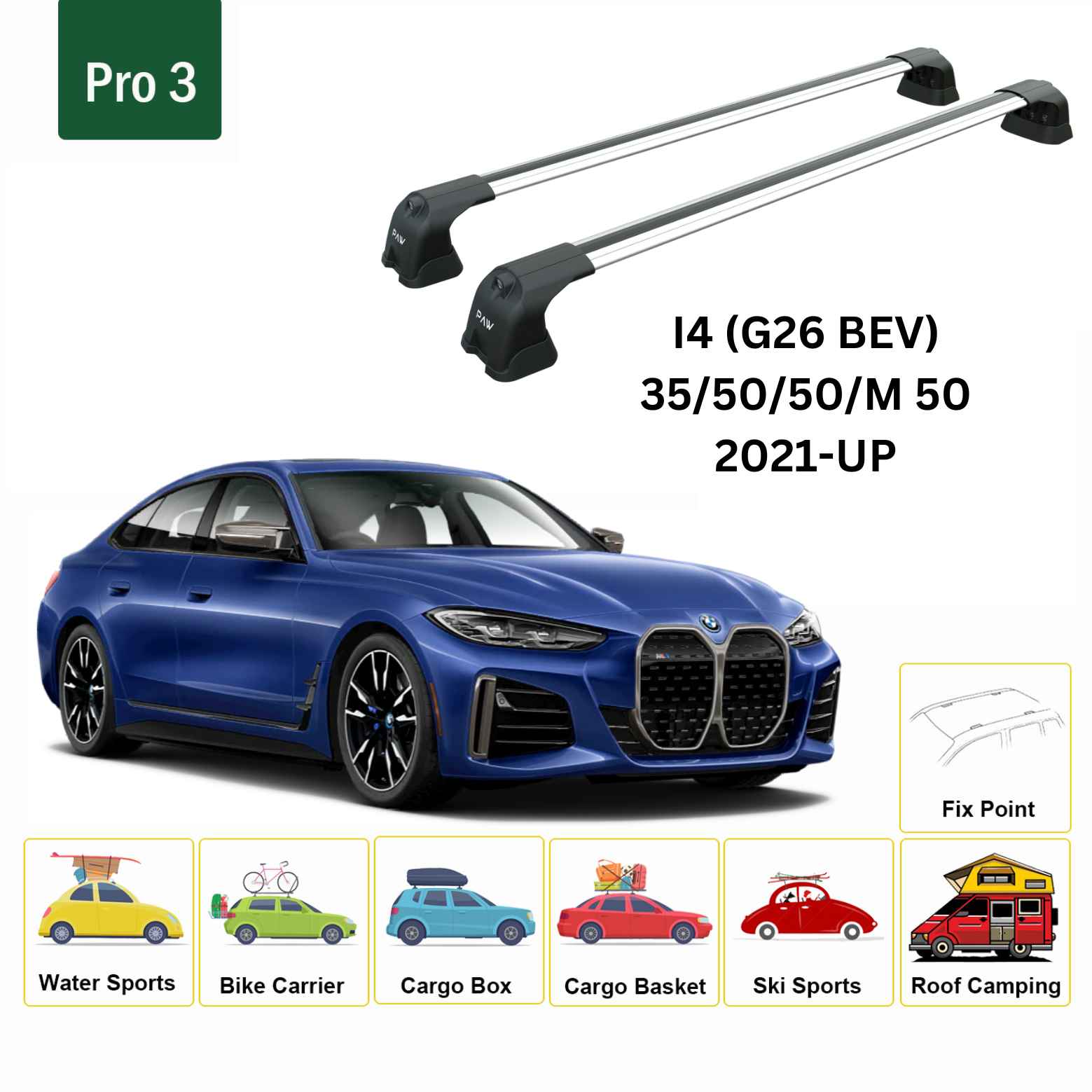 For BMW I4 (G26 BEV) 2021-Up Roof Rack Cross Bars Fix Point Alu Silver - 0