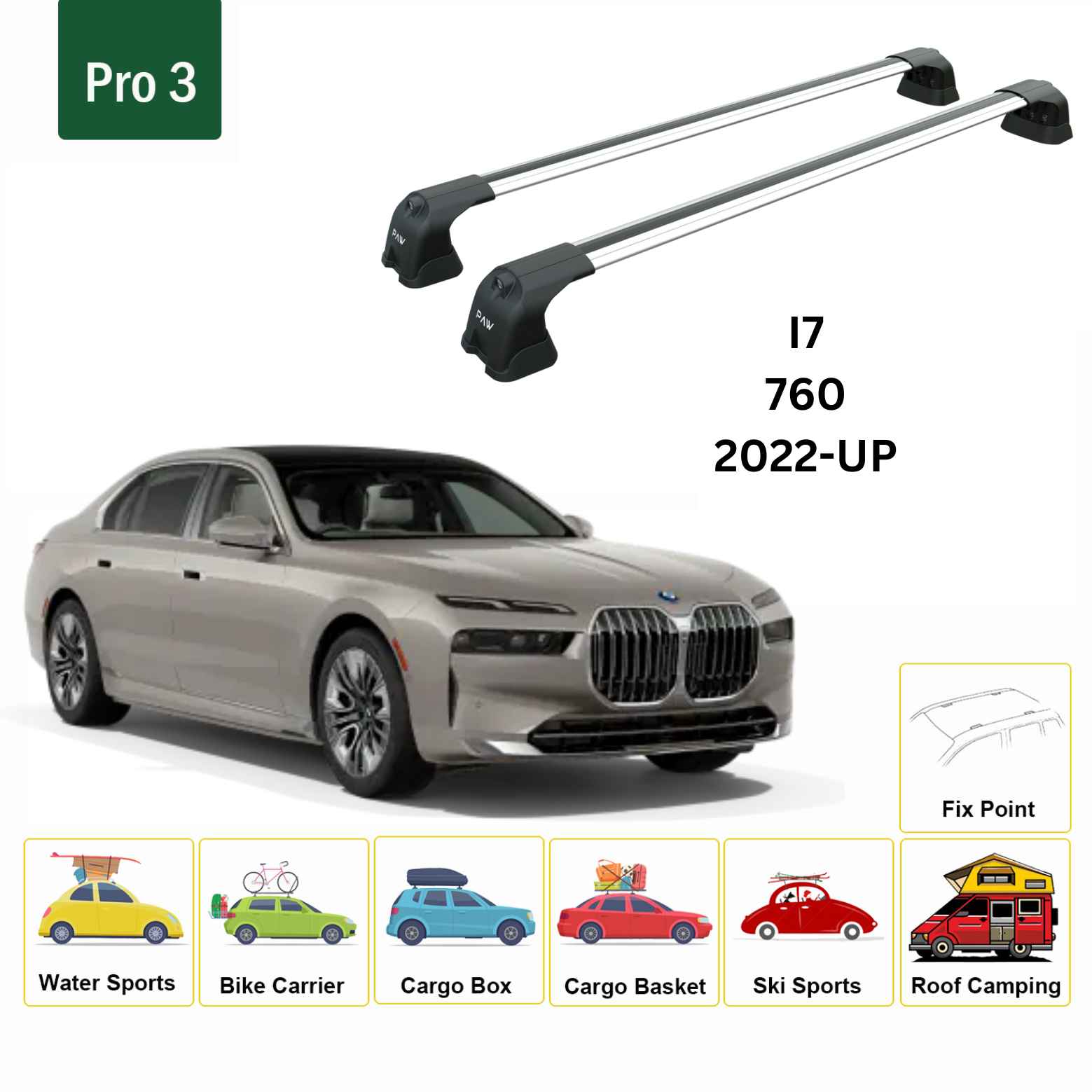 For BMW I7 2022-Up Roof Rack Cross Bars Fix Point Alu Silver - 0