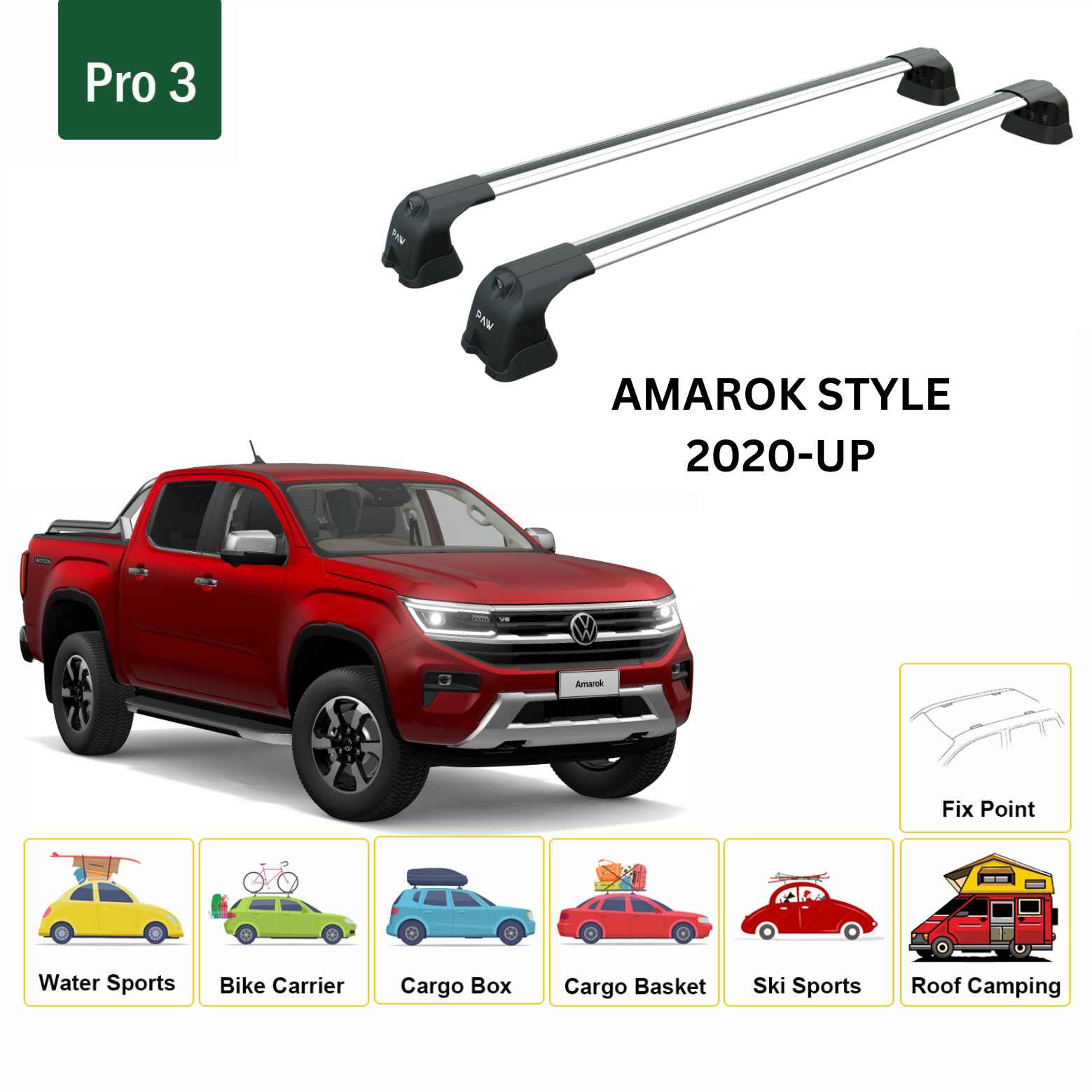 For Volkswagen Amarok Style 2020-Up Roof Rack Cross Bar Fix Point Alu Silver