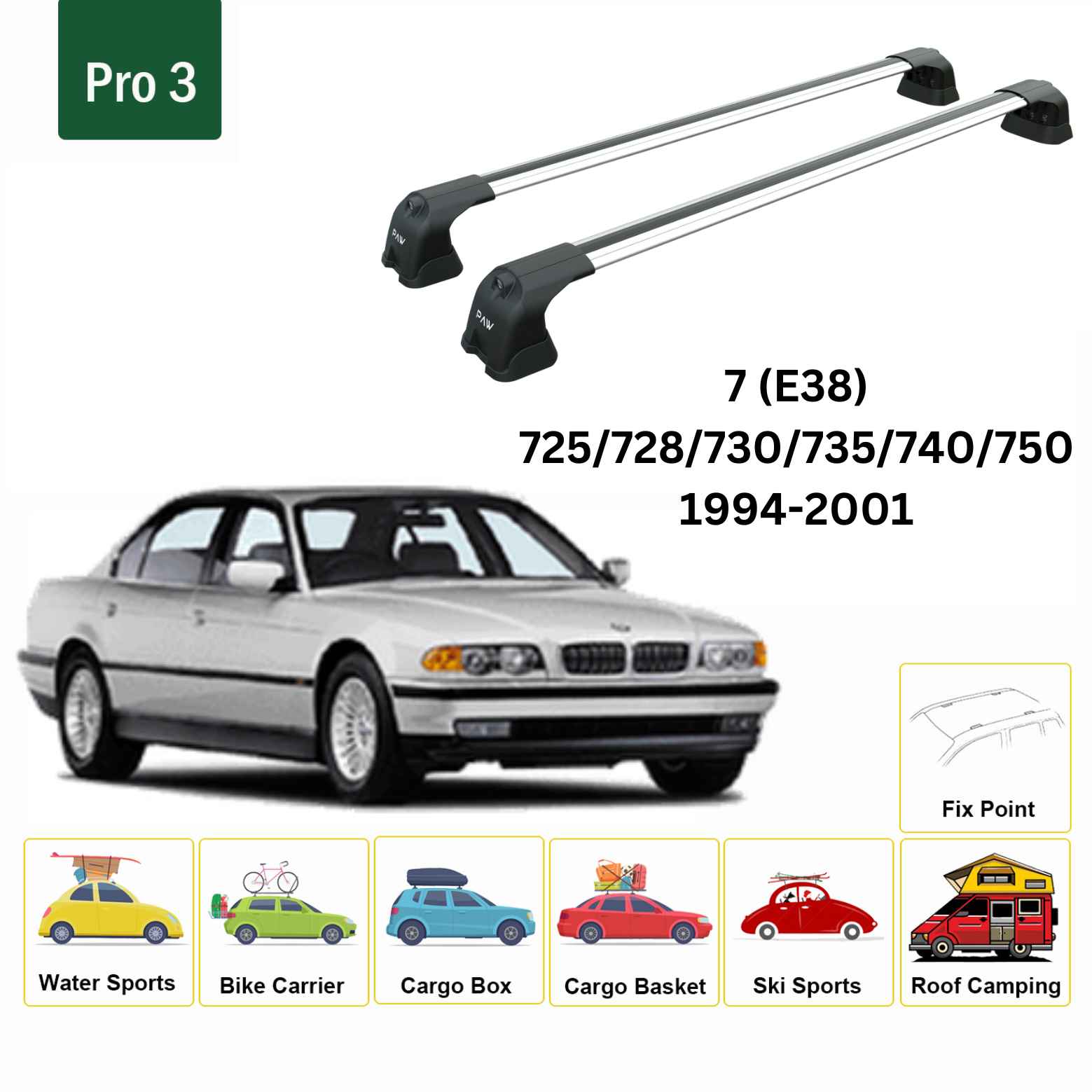 For BMW 7 (E38) 1994-01 Roof Rack Cross Bars Fix Point Alu Silver