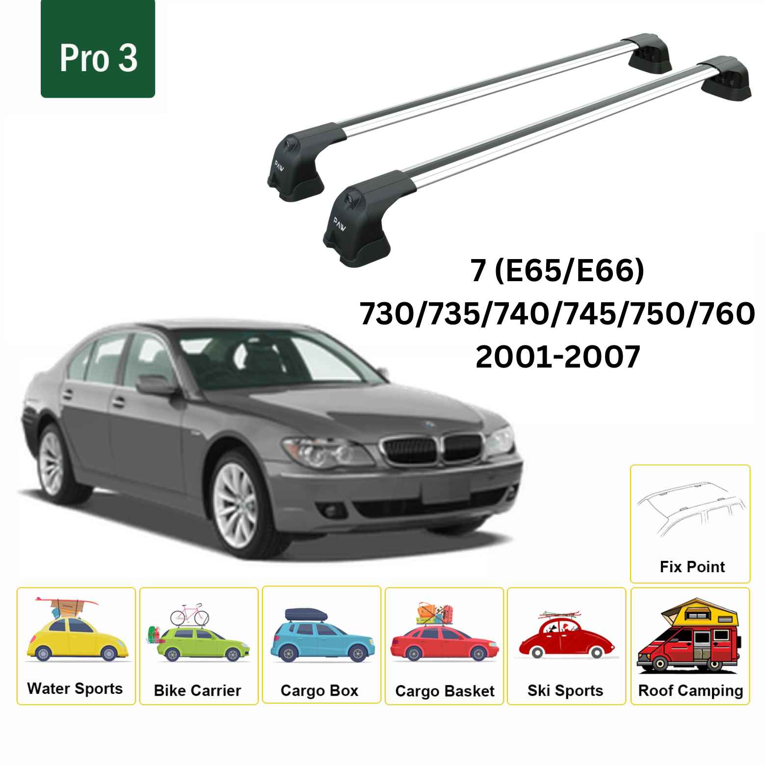 For BMW 7 (E65/66) 2001-07 Roof Rack Cross Bars Fix Point Alu Silver