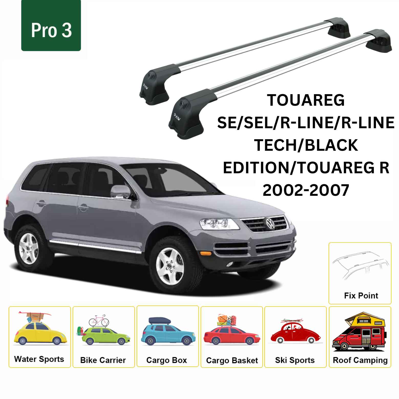 For Volkswagen Touareg 2002-07 Roof Rack Cross Bar Fix Point Alu Silver - 0