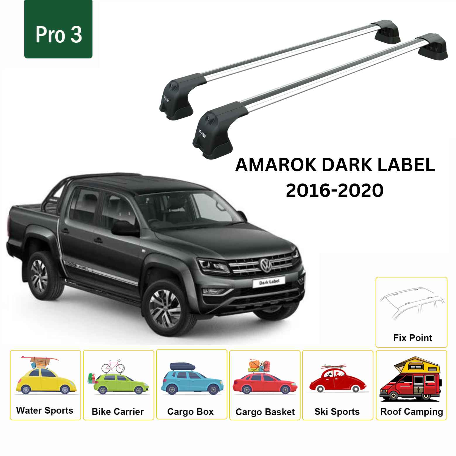 For Volkswagen Amarok Dark Label 2016-20 Roof Rack Cross Bar Fix Point Alu Silver - 0