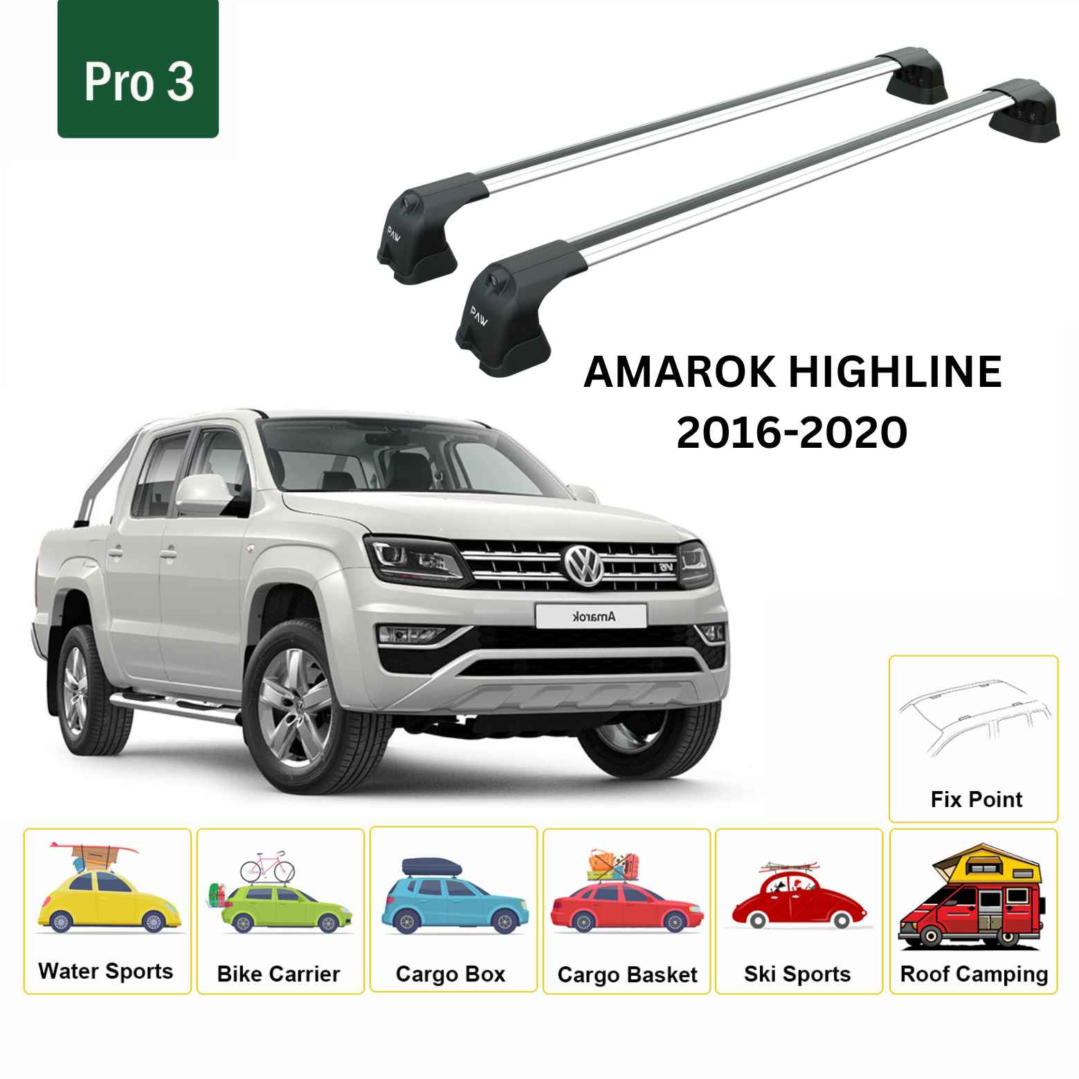 For Volkswagen Amarok Highline 2016-20 Roof Rack Cross Bar Fix Point Alu Silver - 0