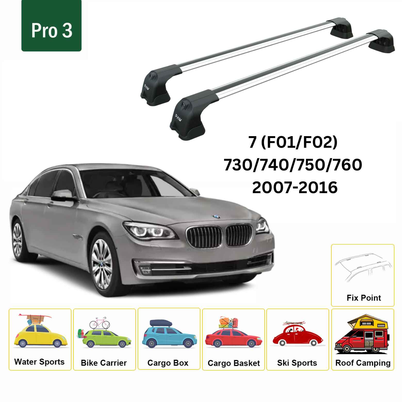 For BMW 7 (F01/02) 2007-16 Roof Rack Cross Bars Fix Point Alu Silver