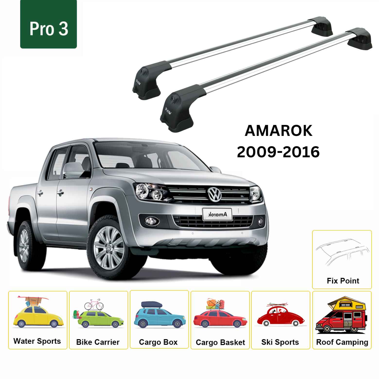 For Volkswagen Amarok 2009-16 Roof Rack Cross Bar Fix Point Alu Silver