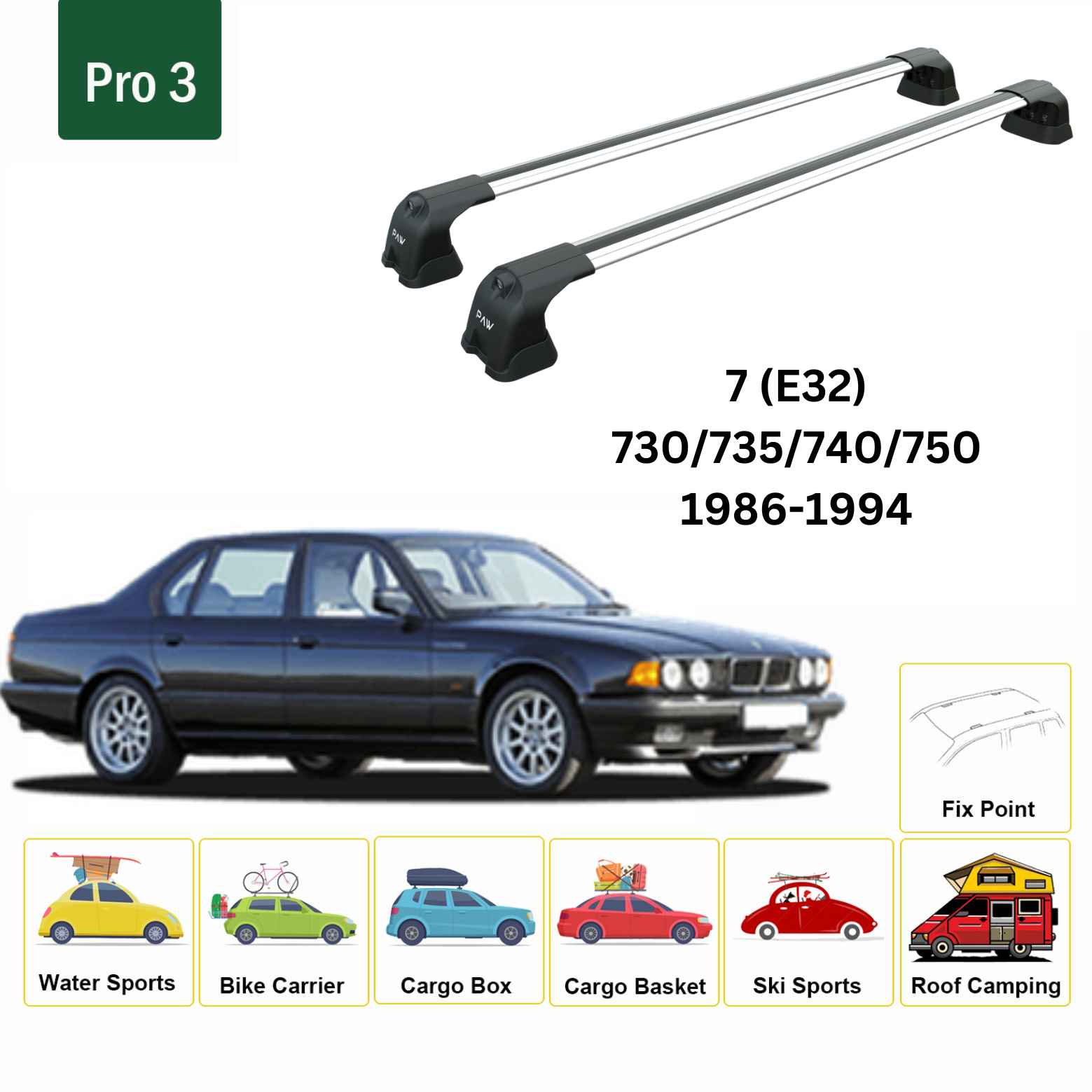 For BMW 7 (E32) 1986-94 Roof Rack Cross Bars Fix Point Alu Silver - 0