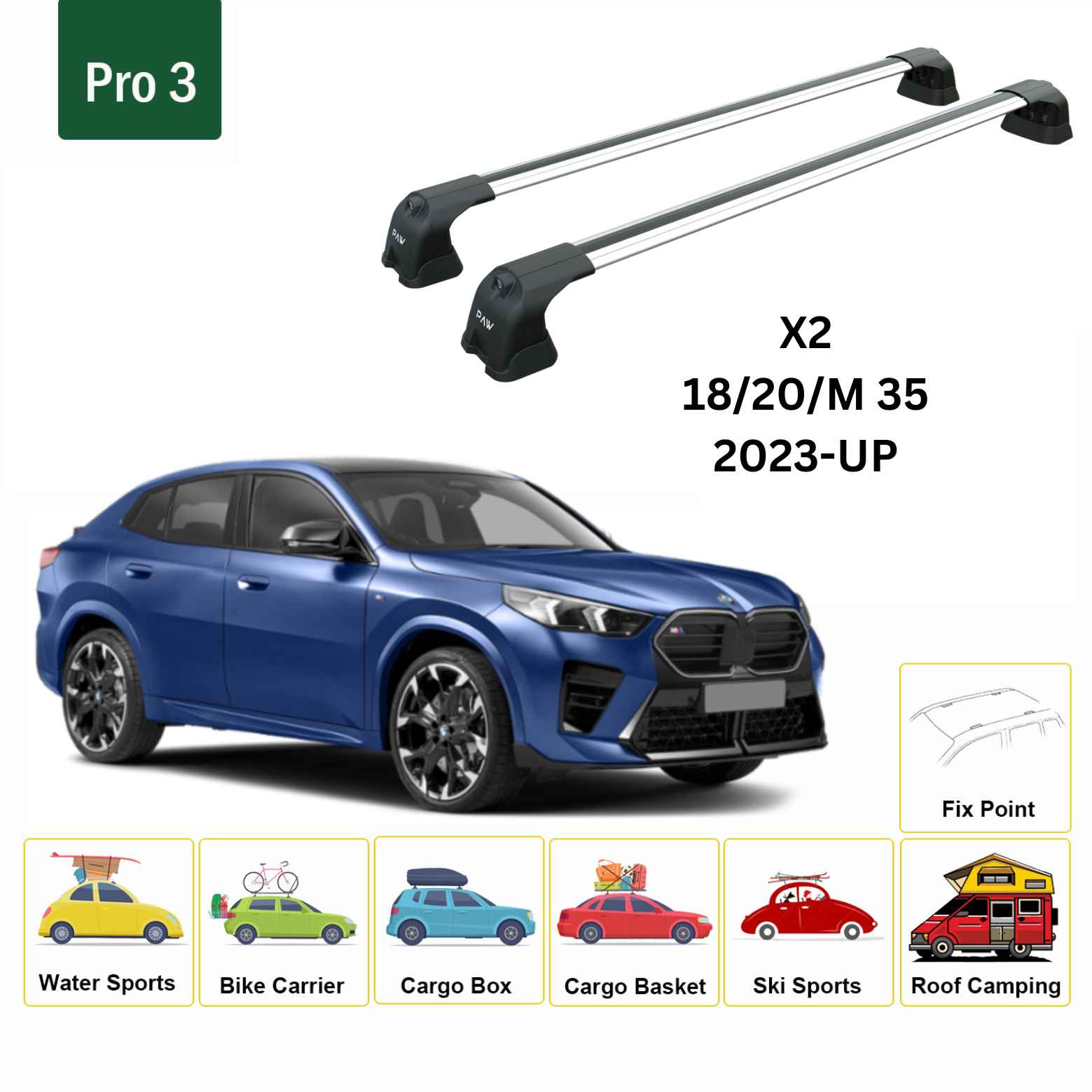 For BMW X2 2023-Up Roof Rack Cross Bars Fix Point Alu Silver - 0