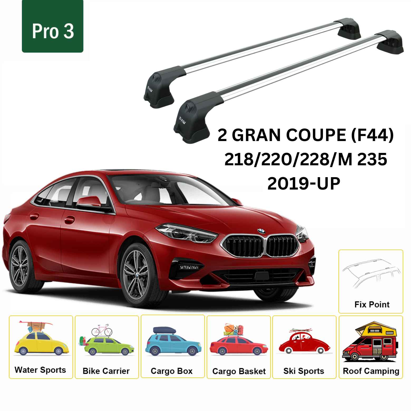 For BMW 2 Gran Coupe (F44) 2019-Up Roof Rack Cross Bars Fix Point Alu Silver