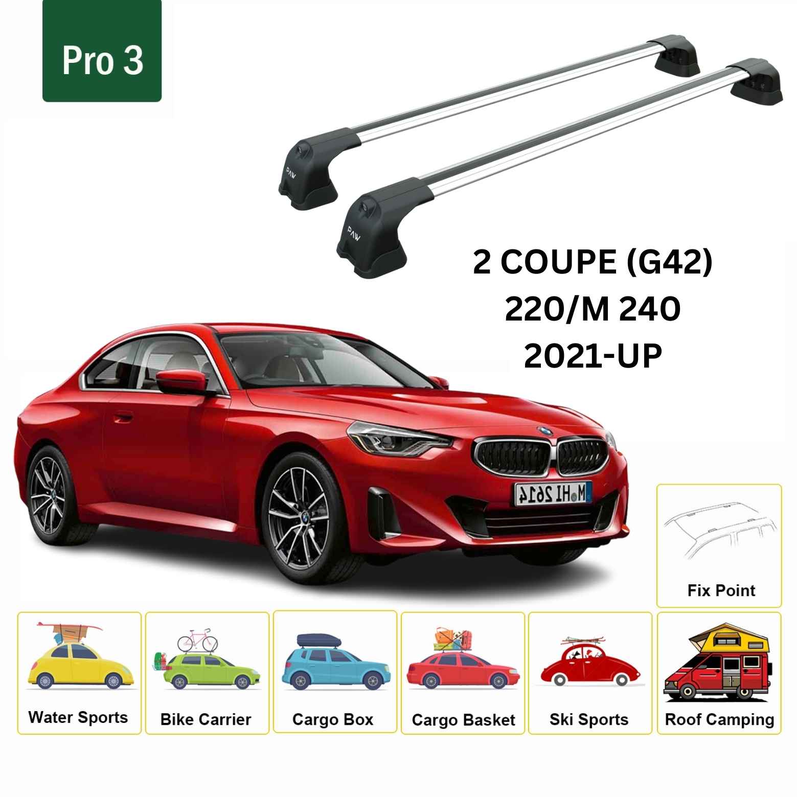 For BMW 2 Coupe (G42) 2021-Up Roof Rack Cross Bars Fix Point Alu Silver