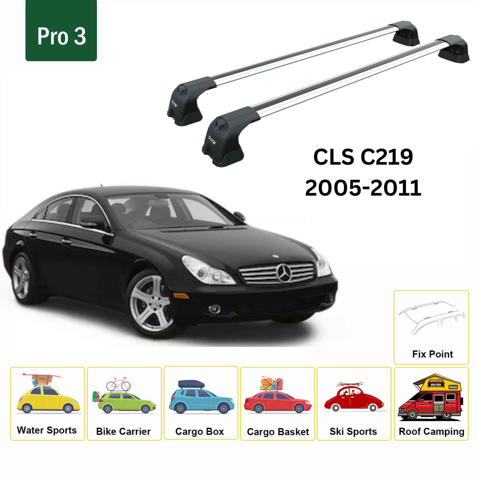 For Mercedes Benz CLS C219 2005-11 Roof Rack Cross Bars Fix Point Alu Silver