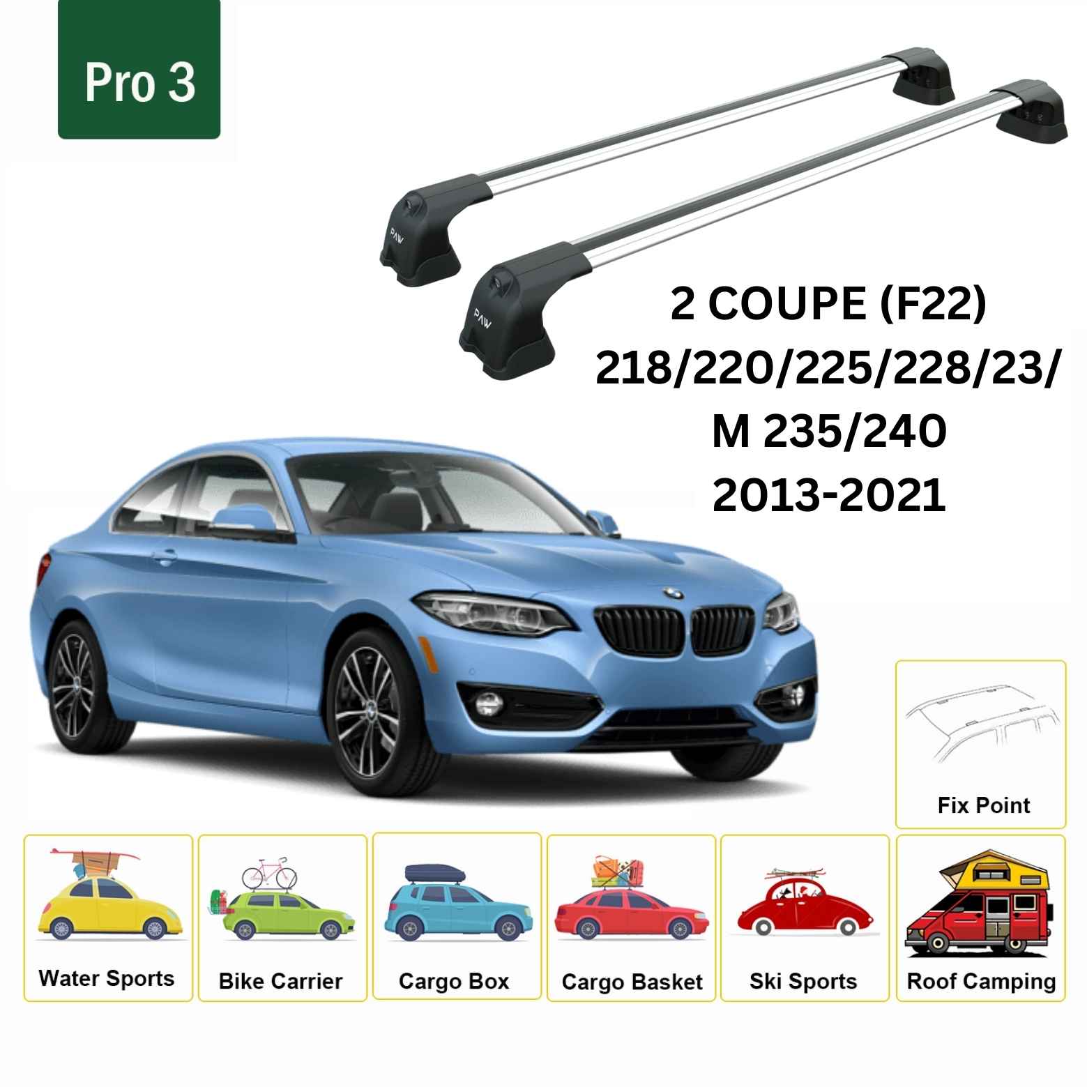 For BMW 2 Coupe (F22) 2013-21 Roof Rack Cross Bars Fix Point Alu Silver