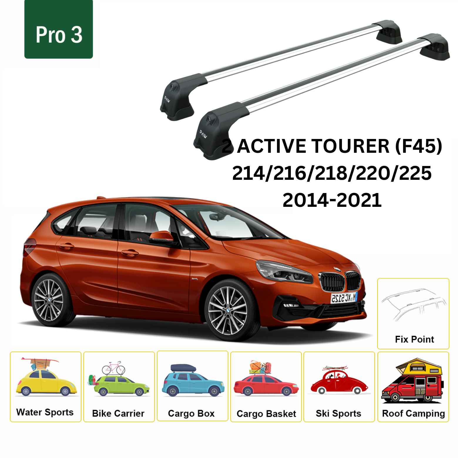For BMW 2 Active Tourer (F45) 2014-21 Roof Rack Cross Bars Fix Point Alu Silver