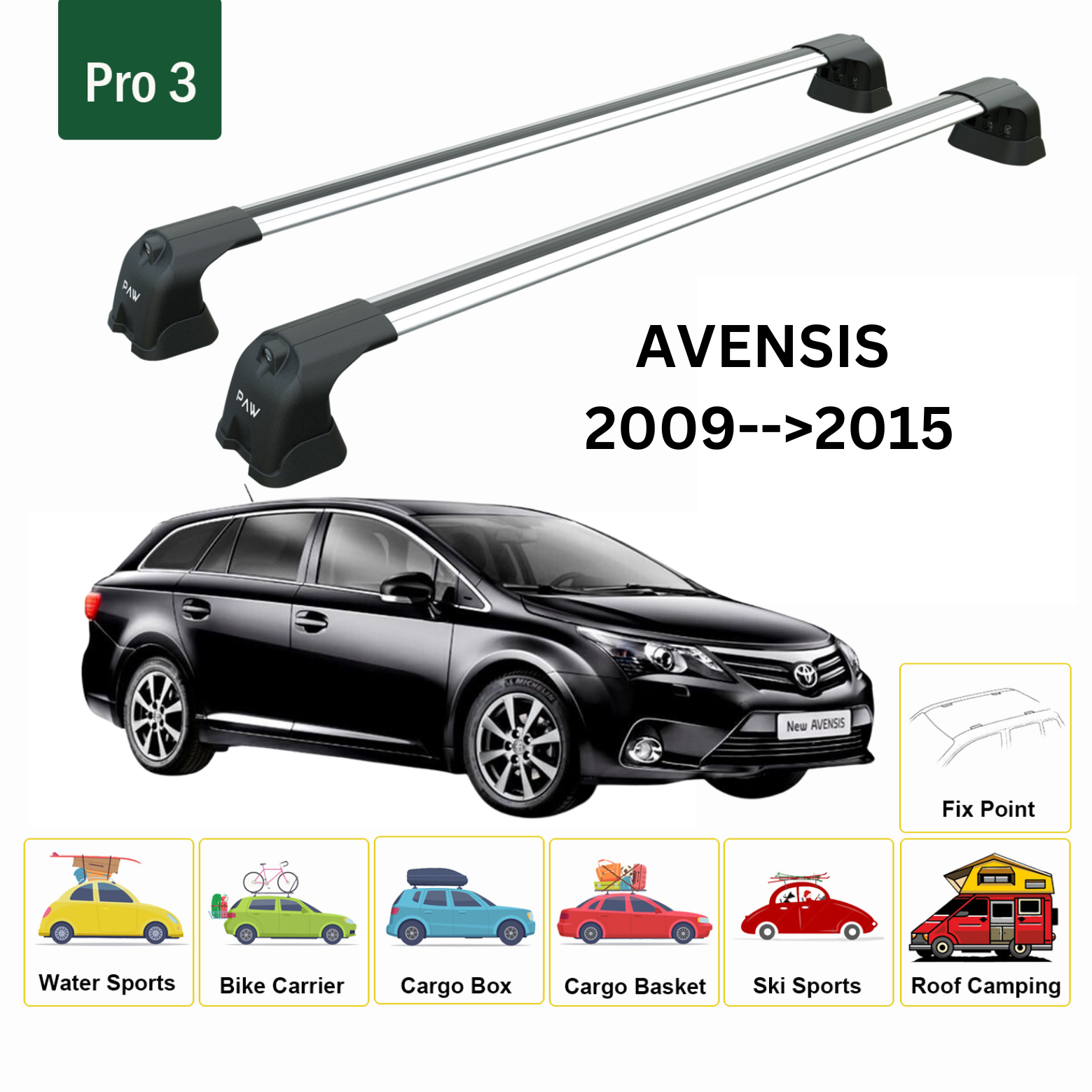 For Toyota Avensis 2009-15 Roof Rack Cross Bars Fix Point Alu Silver