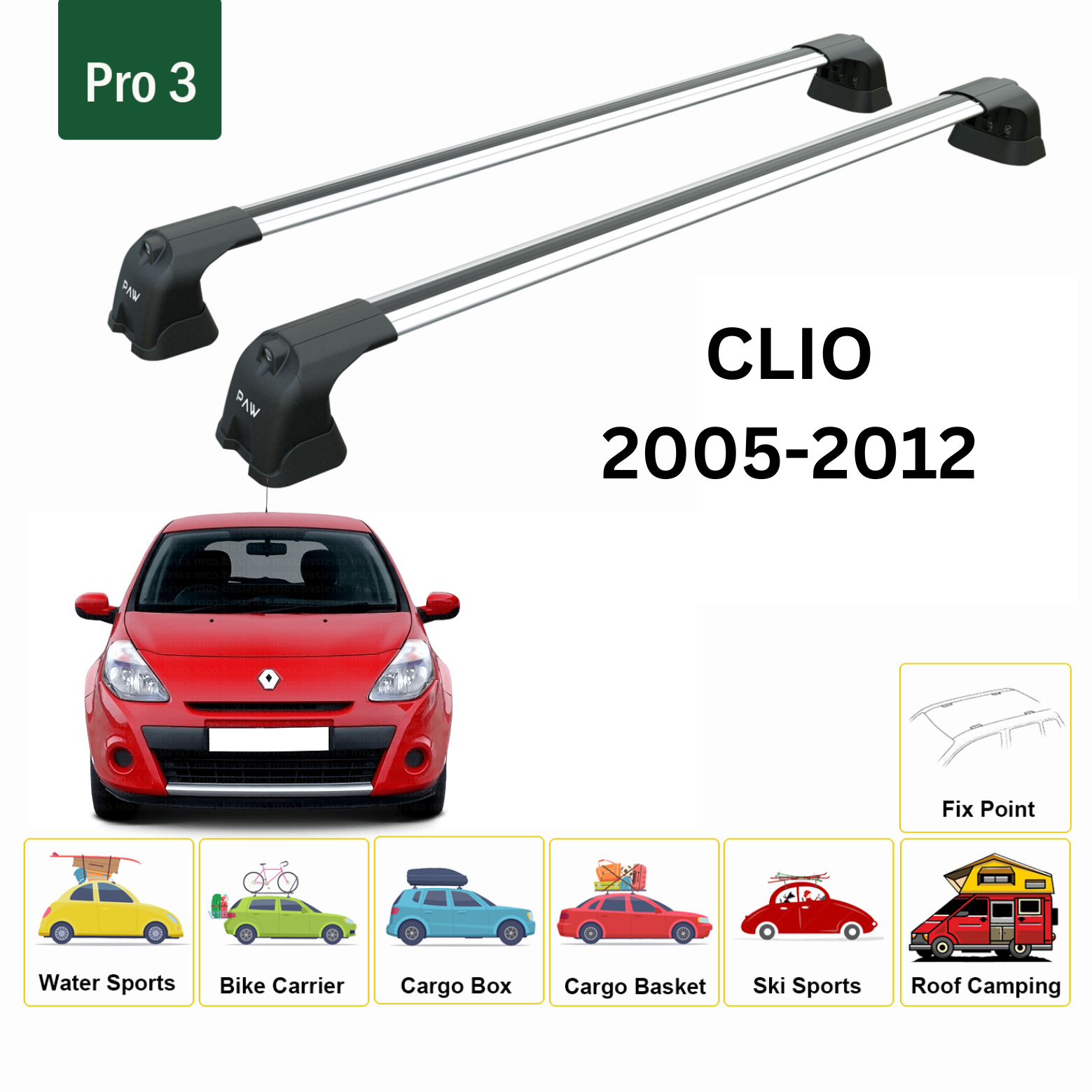 For Renault Clio 2005-2012 Roof Rack System, Aluminium Cross Bar, Metal Bracket, Fix Point, Silver