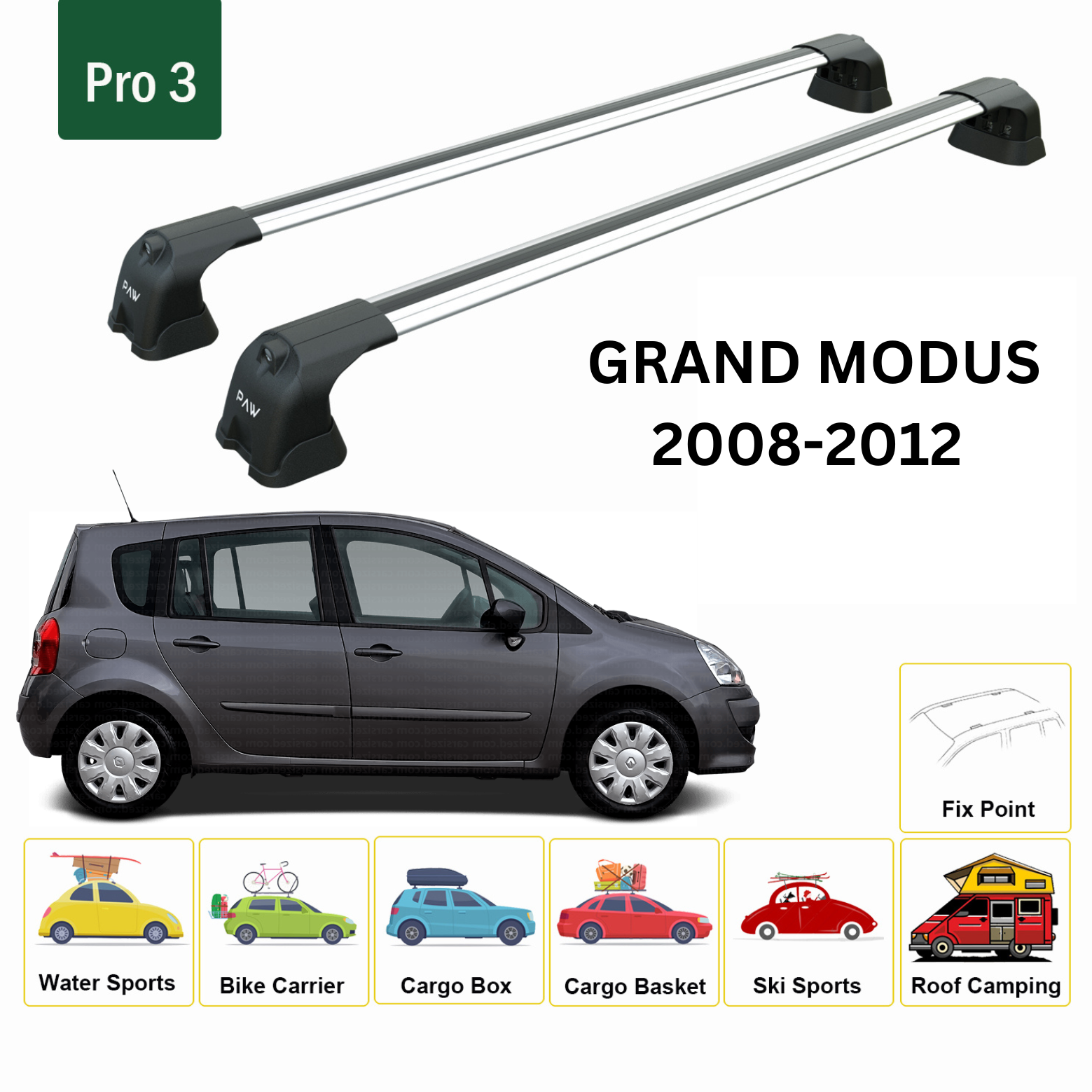 For Renault Grand Modus 2008-2012 Roof Rack System, Aluminium Cross Bar, Metal Bracket, Fix Point, Silver - 0