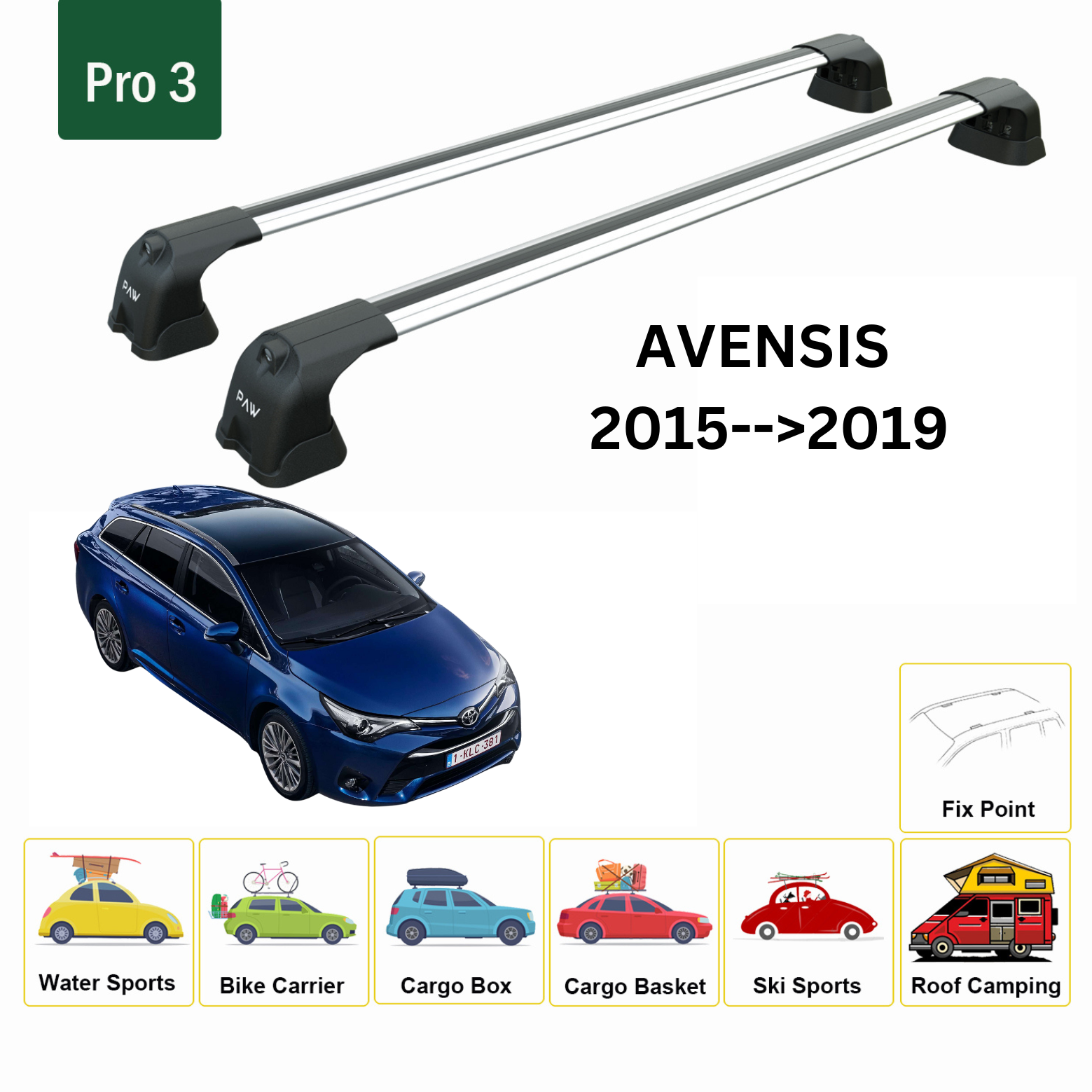 For Toyota Avensis 2015-19 Roof Rack Cross Bars Fix Point Alu Silver
