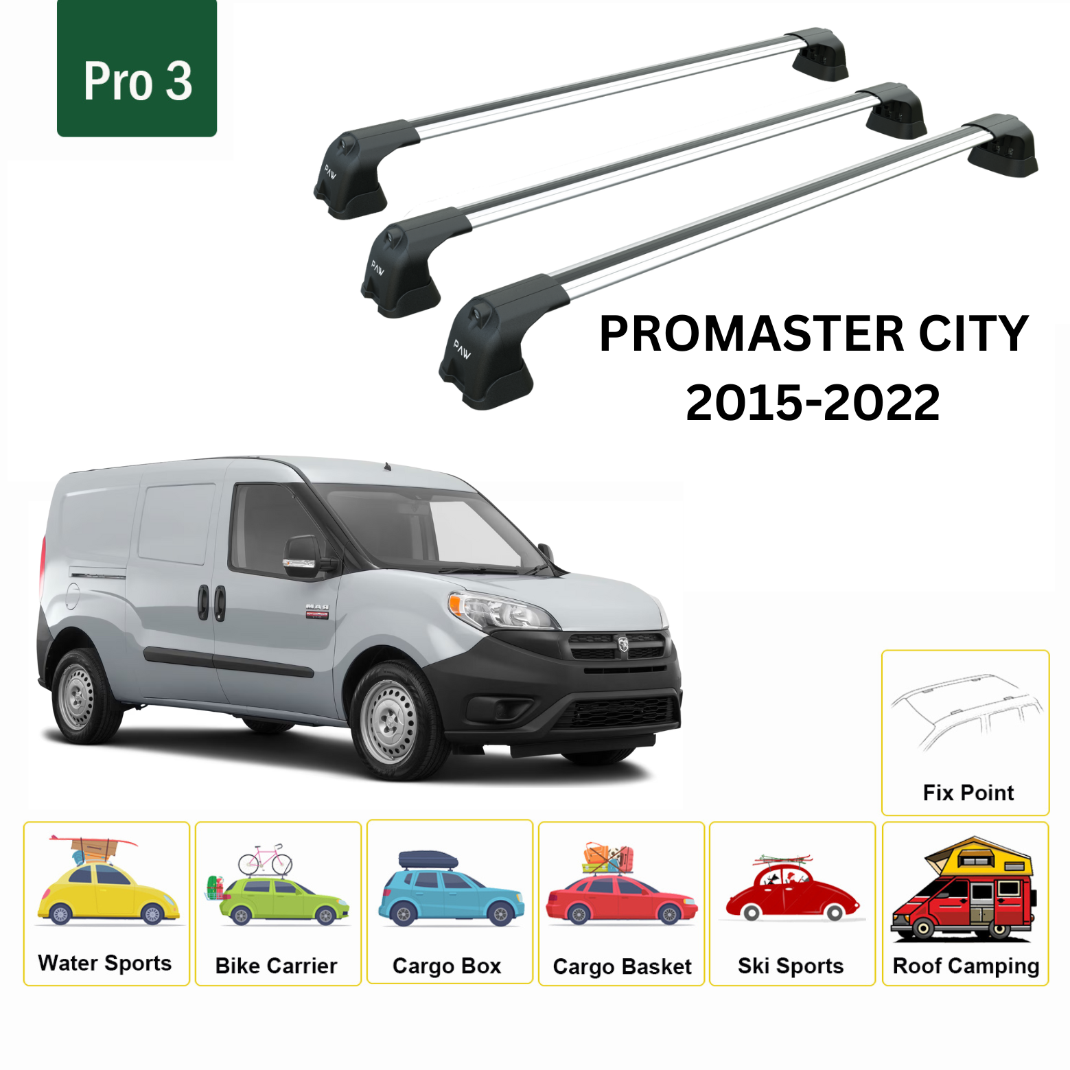 For Chevrolet Promaster City 2015-22 Roof Rack Cross Bars Metal Bracket Fix Point 3qty Alu Silver - 0
