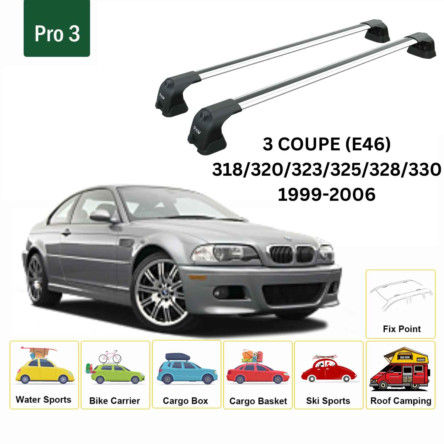For BMW 3 Coupe (E46) 1999-06 Roof Rack Cross Bars Fix Point Alu Silver - 0