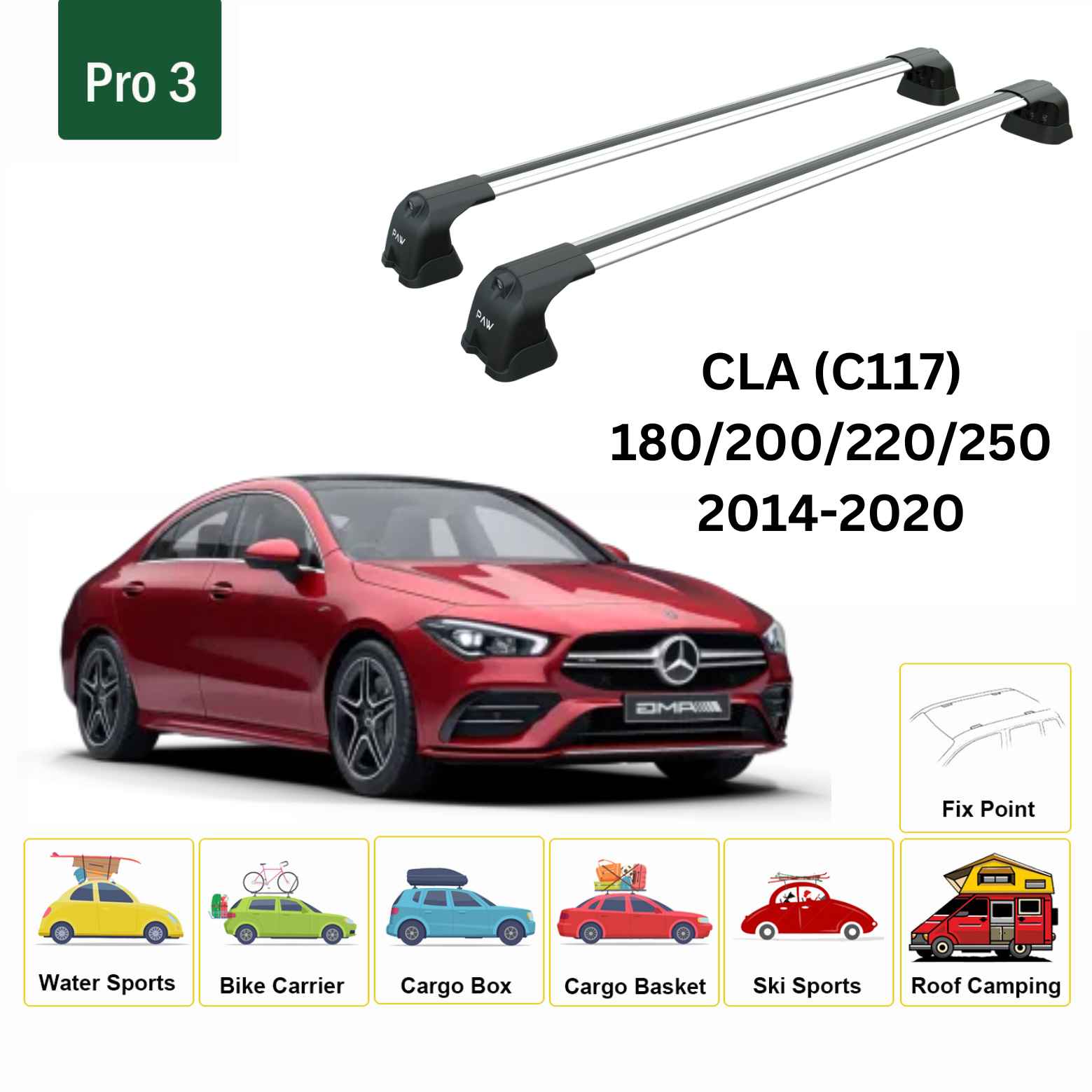 For Mercedes Benz CLA C117 2014-2020 Roof Rack Cross Bars Fix Point Alu Silver