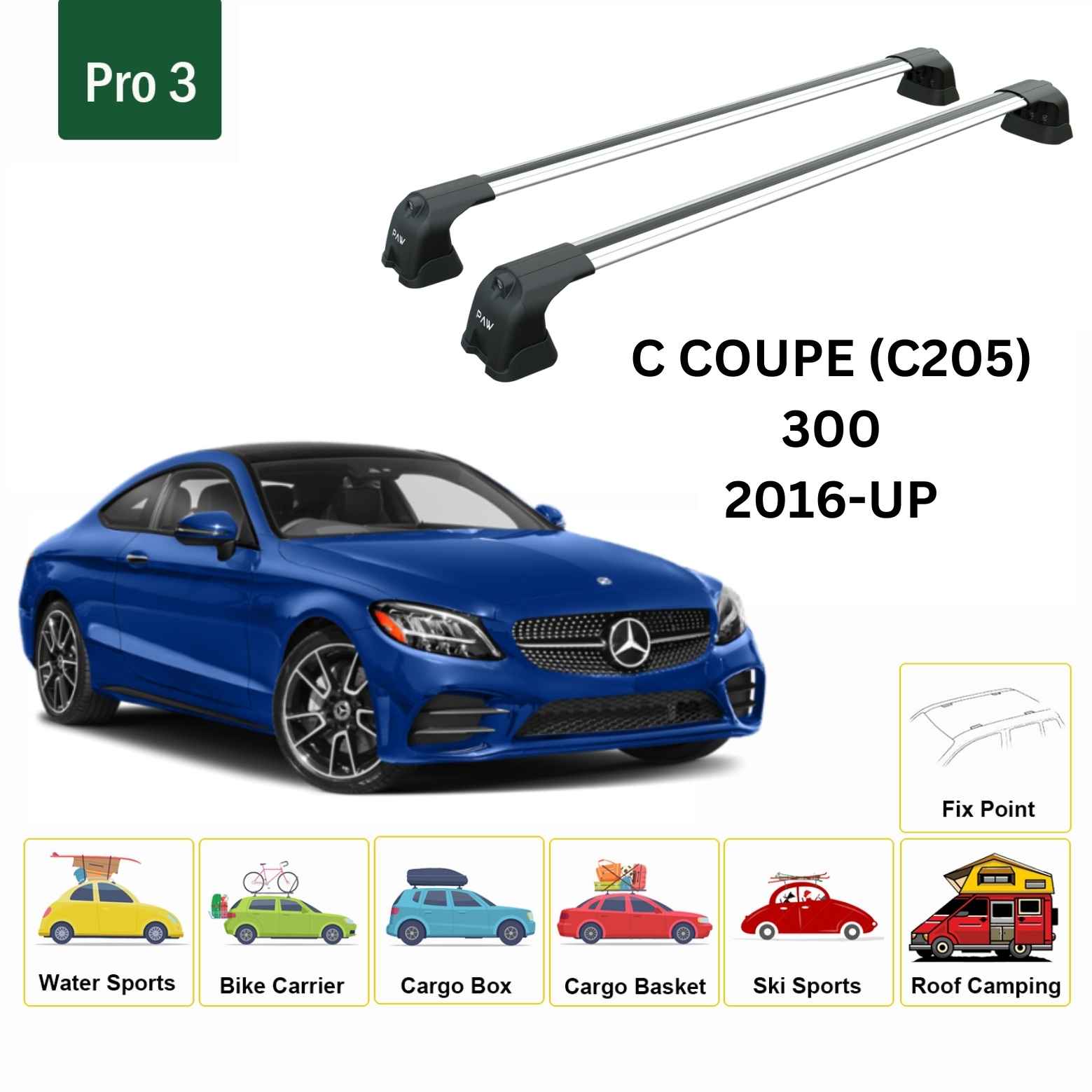 For Mercedes Benz C Coupe C205 2016-Up Roof Rack Cross Bars Fix Point Alu Silver - 0