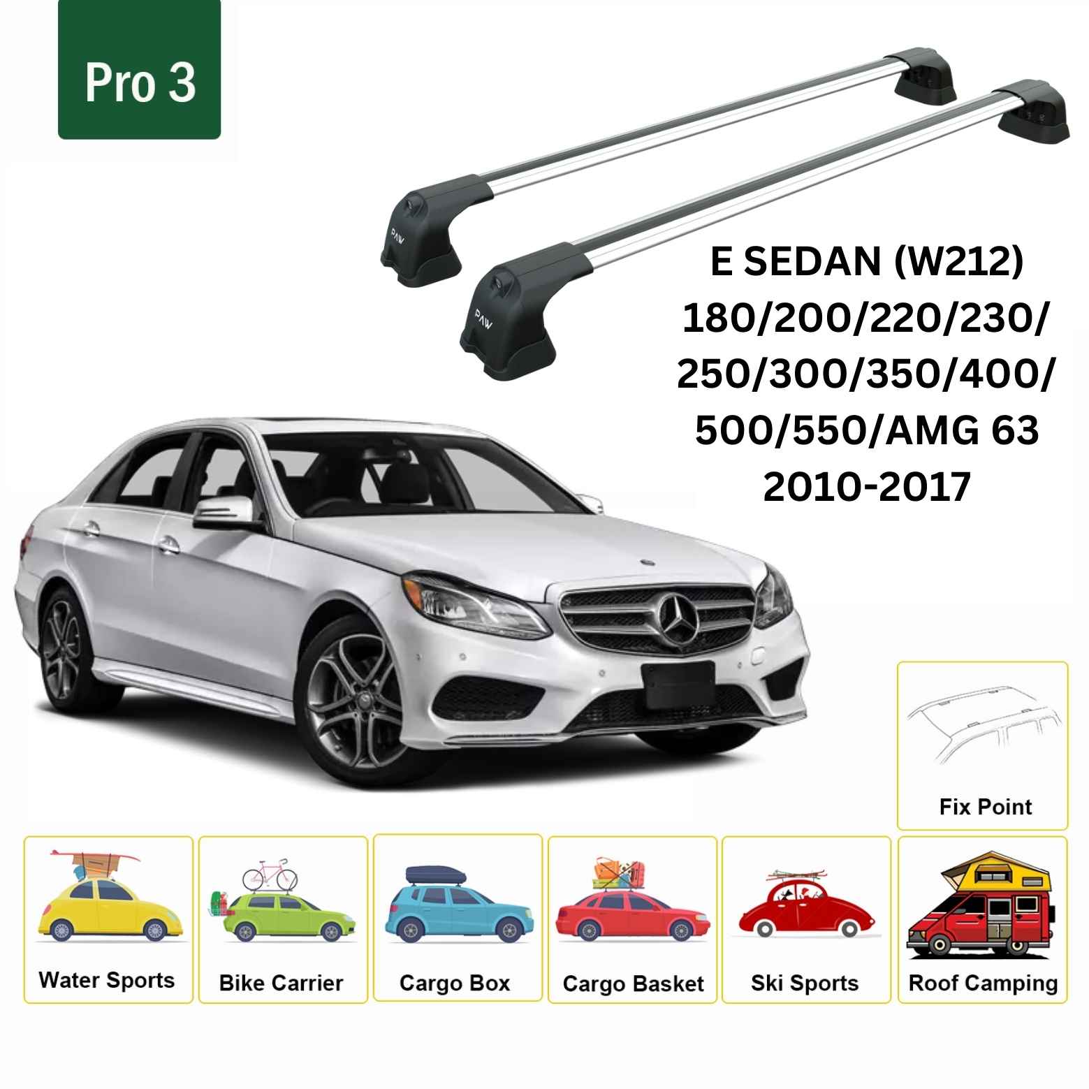 For Mercedes Benz E Sedan W212 2013-2017 Roof Rack Cross Bars Fix Point Alu Silver