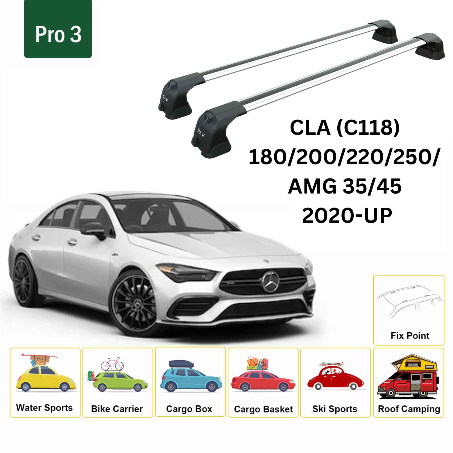 For Mercedes Benz CLA C118 2020-Up Roof Rack Cross Bars Fix Point Alu Silver - 0