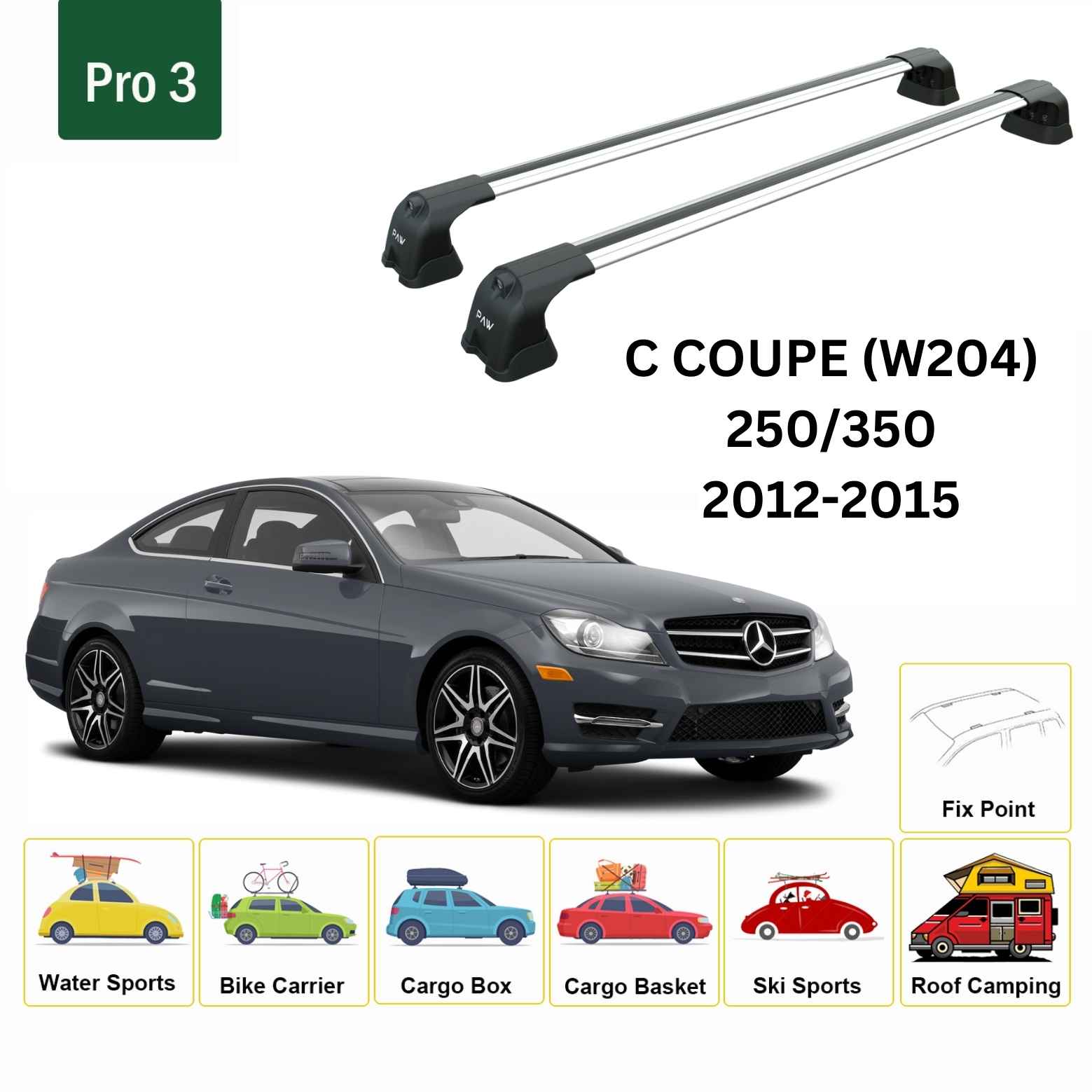 For Mercedes Benz C Coupe W204 2012-2015 Roof Rack Cross Bars Fix Point Alu Silver