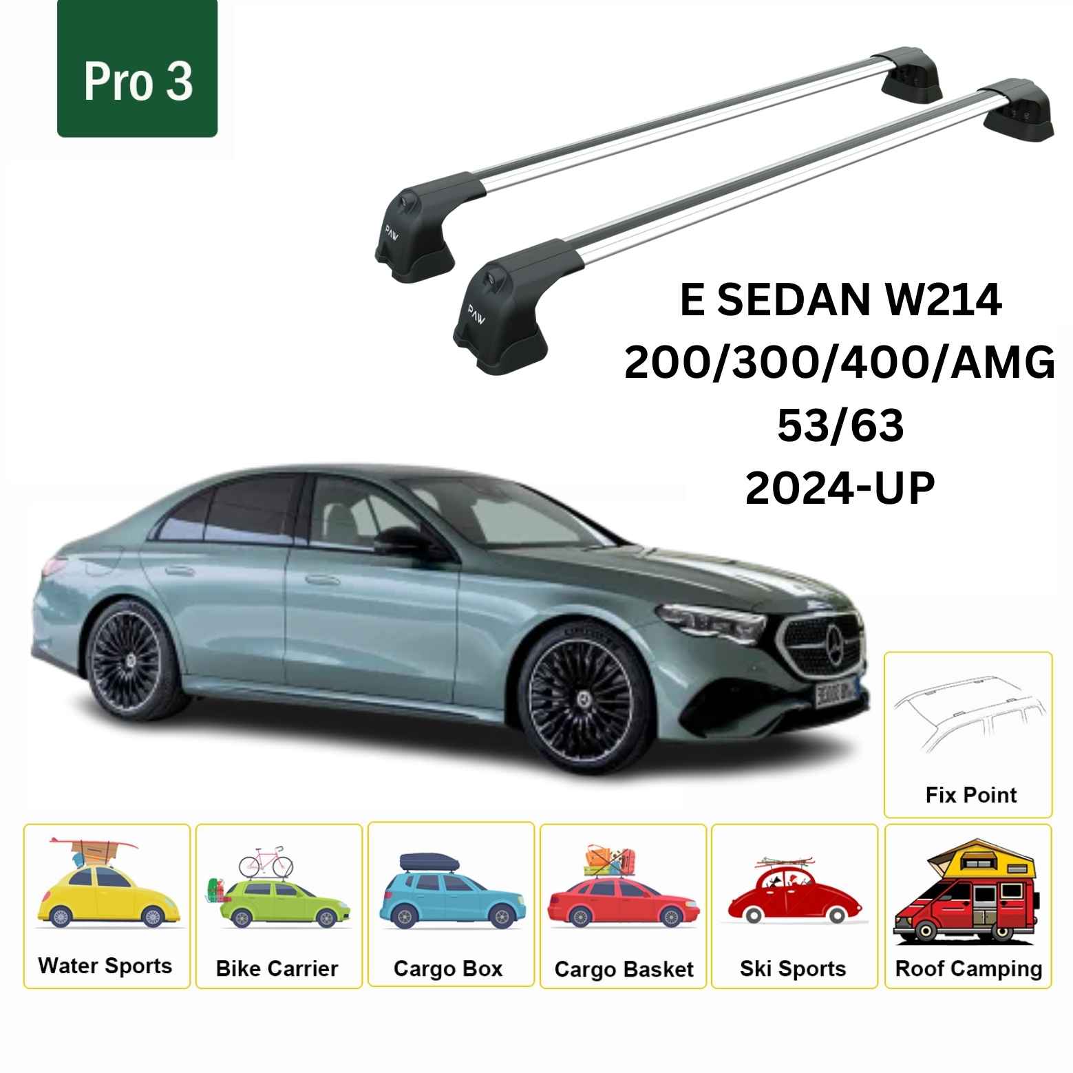 For Mercedes Benz E Sedan W214 2024-Up Roof Rack Cross Bars Fix Point Alu Silver - 0