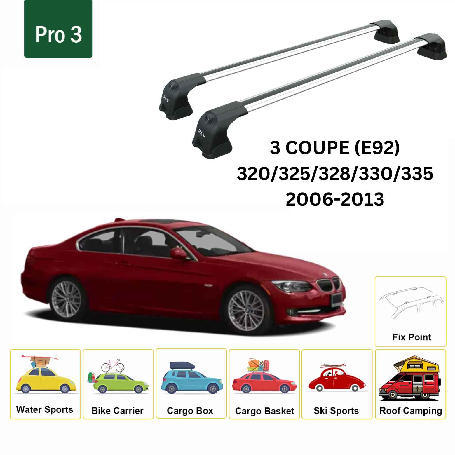 For BMW 3 Coupe (E92) 2006-13 Roof Rack Cross Bars Fix Point Alu Silver - 0