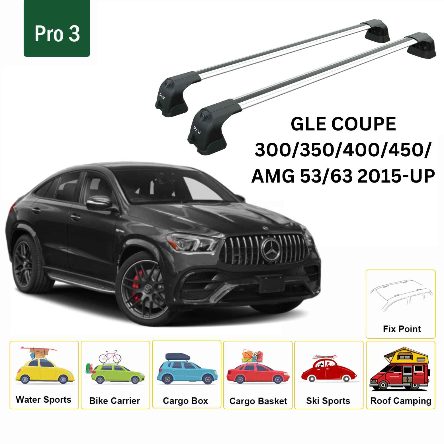 For Mercedes Benz GLE Coupe 2015-Up Roof Rack Cross Bars Fix Point Alu Silver - 0